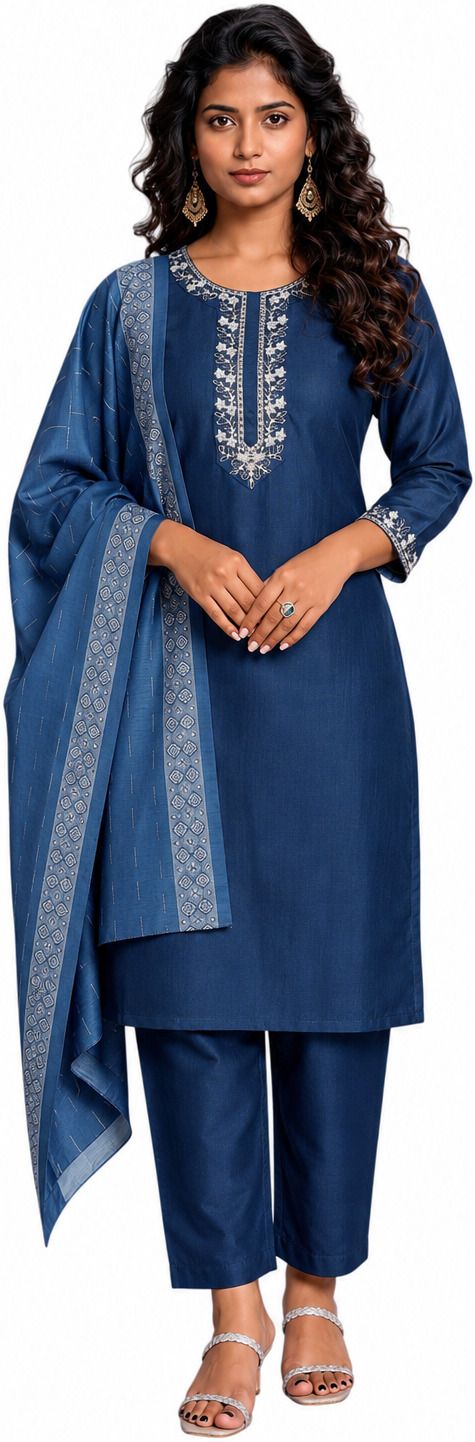 V-Neck Embroidery Salwar Kurta Dupatta Ethnic Set Embroidered Kurta, Trouser/Pant & Dupatta Set-image-15
