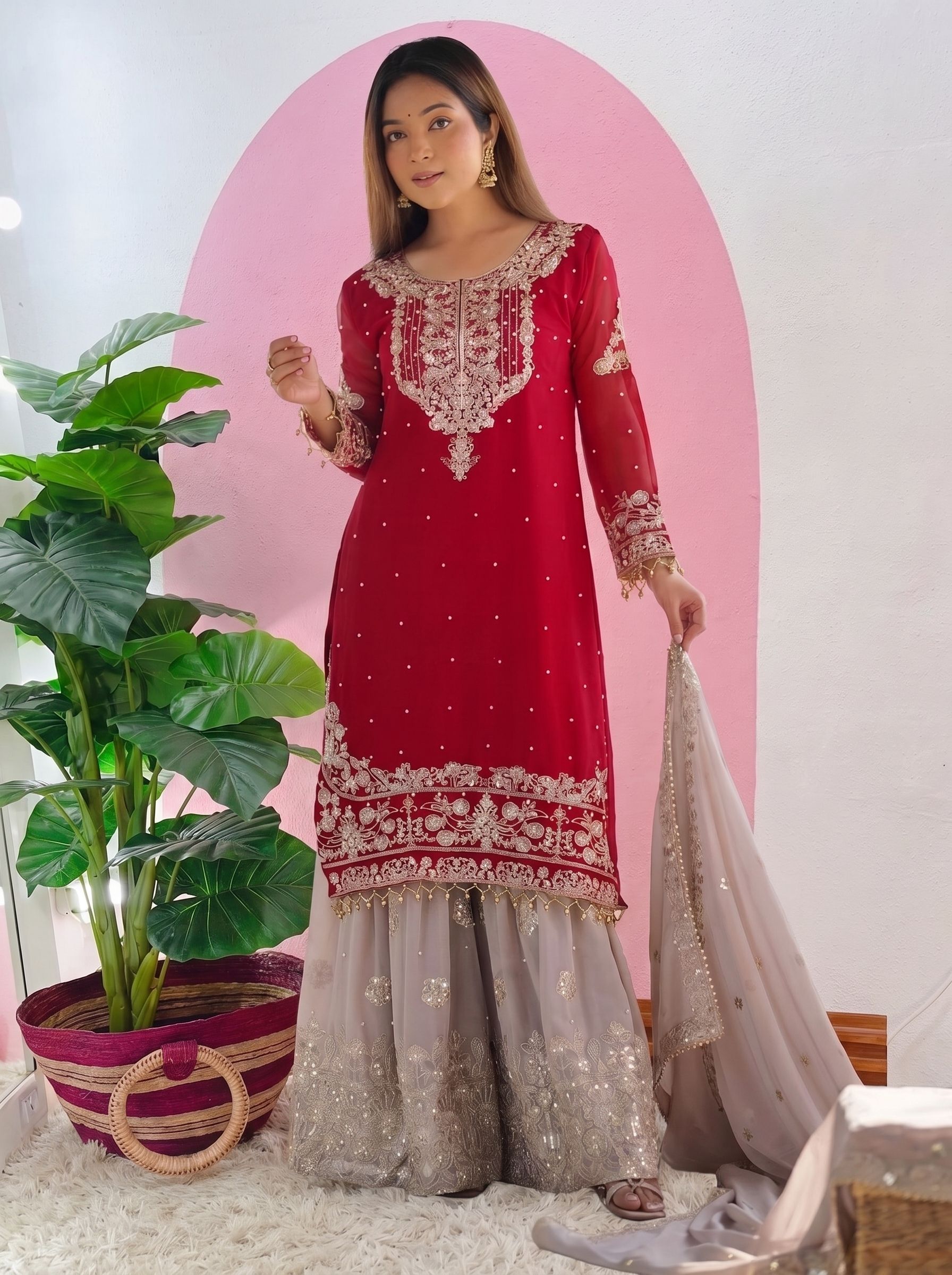 Maroon Embroidered Georgette Kurta Palazzo Set with Chiffon Dupatta Embroidered Kurta, Sharara & Dupatta Set-image-8
