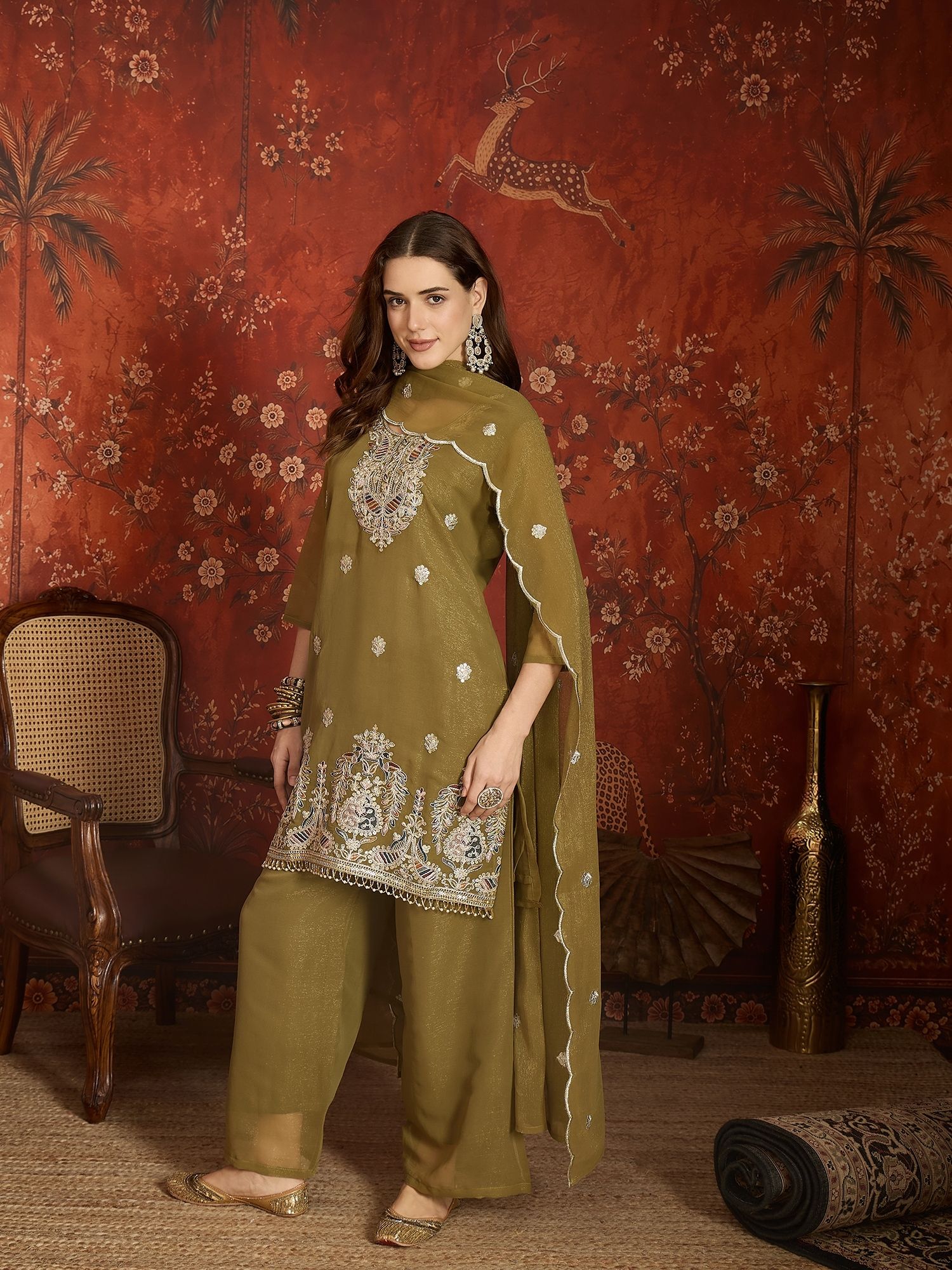 manvaa Embroidered Kurta, Trouser/Pant & Dupatta Set-picture-2
