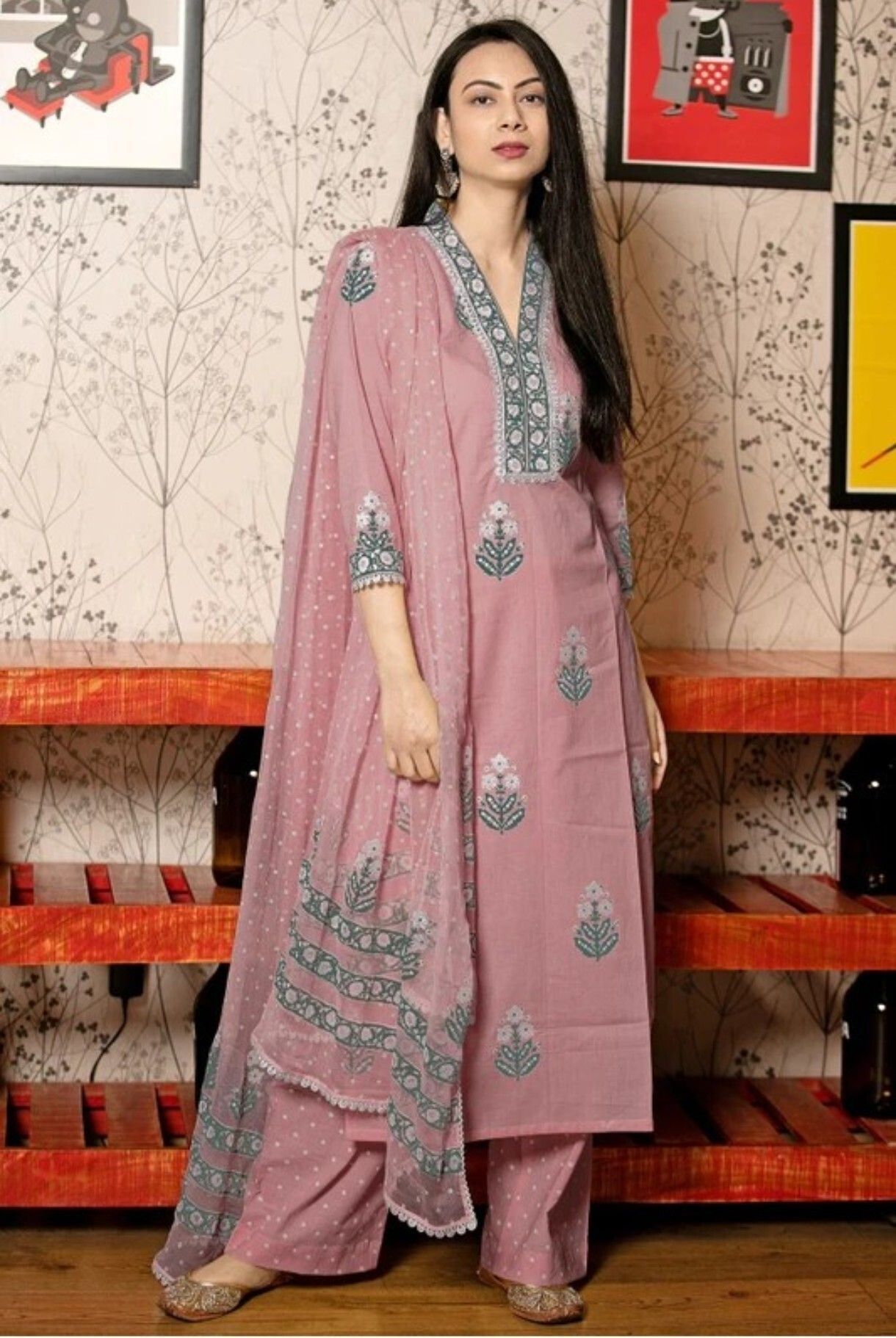 Floral Print Kurta, Palazzo & Dupatta Set-image-9