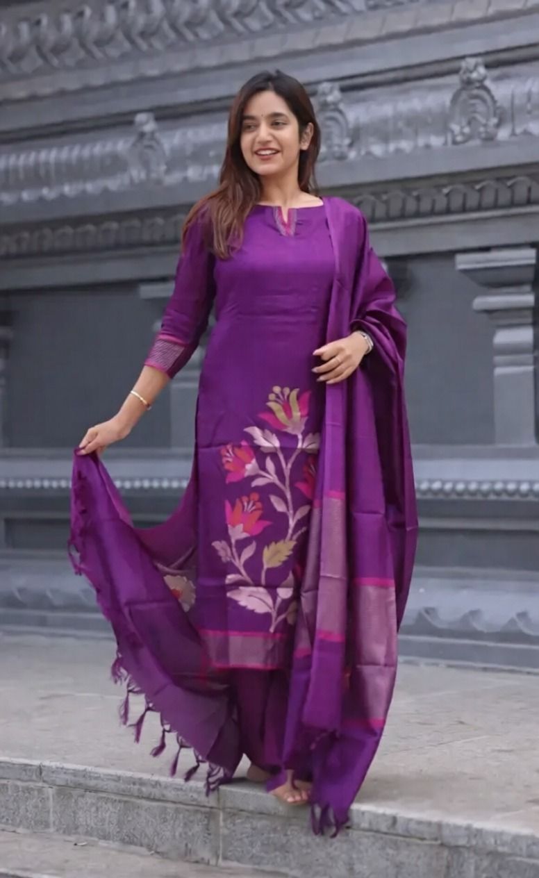 zylara Floral Print, Woven Design Art Silk Straight Kurta for Women With Attached Dupatta-picture-41