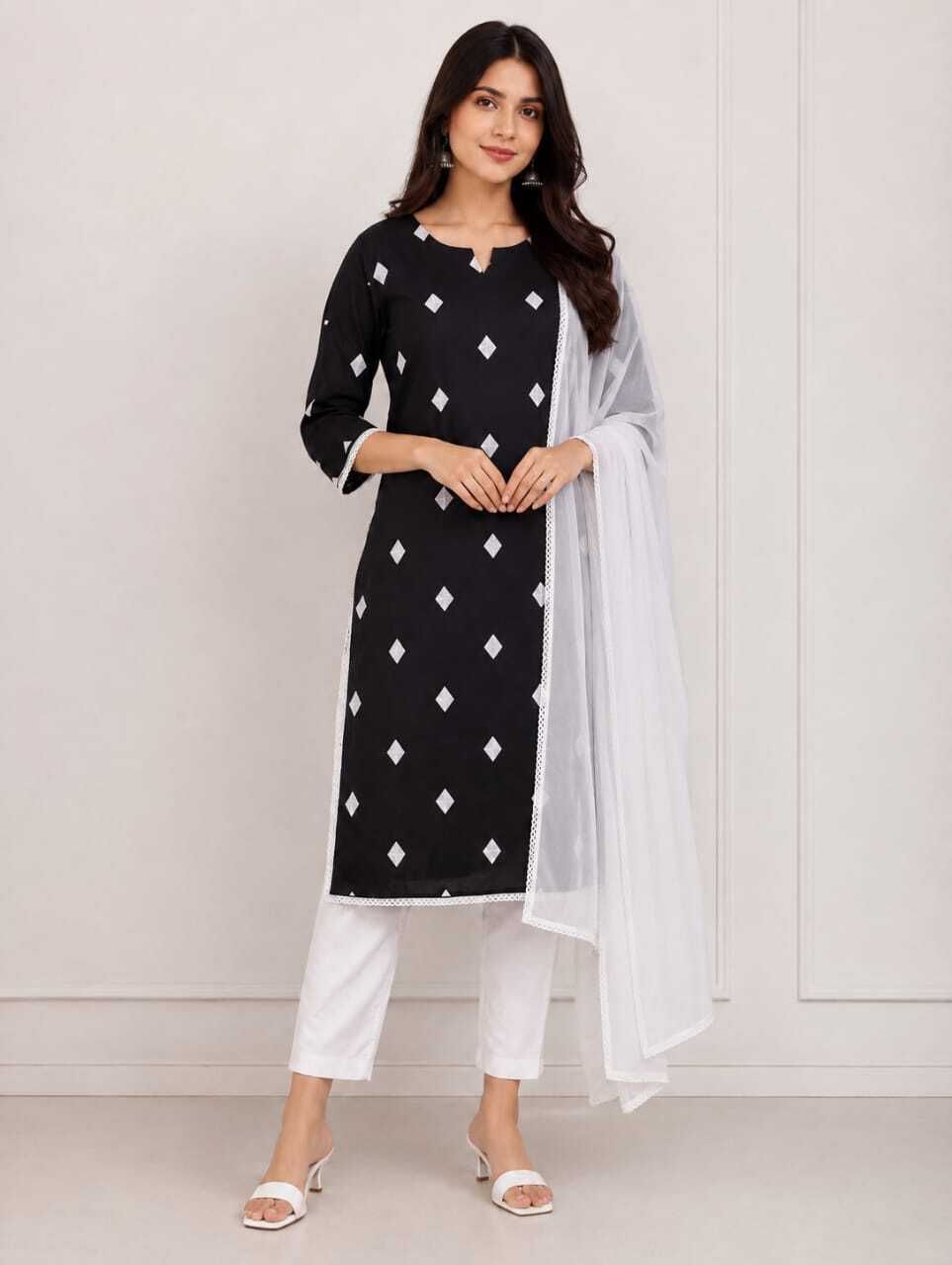 Black&White Embroidered Kurta, Trouser/Pant & Dupatta Set-image-4