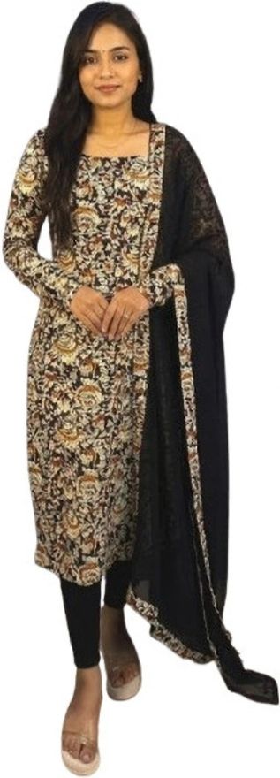 Printed Cotton Blend & Chiffon Dupatta Suit Set | Kurti with Matching Floral Print Kurta, Churidar & Dupatta Set-image-5