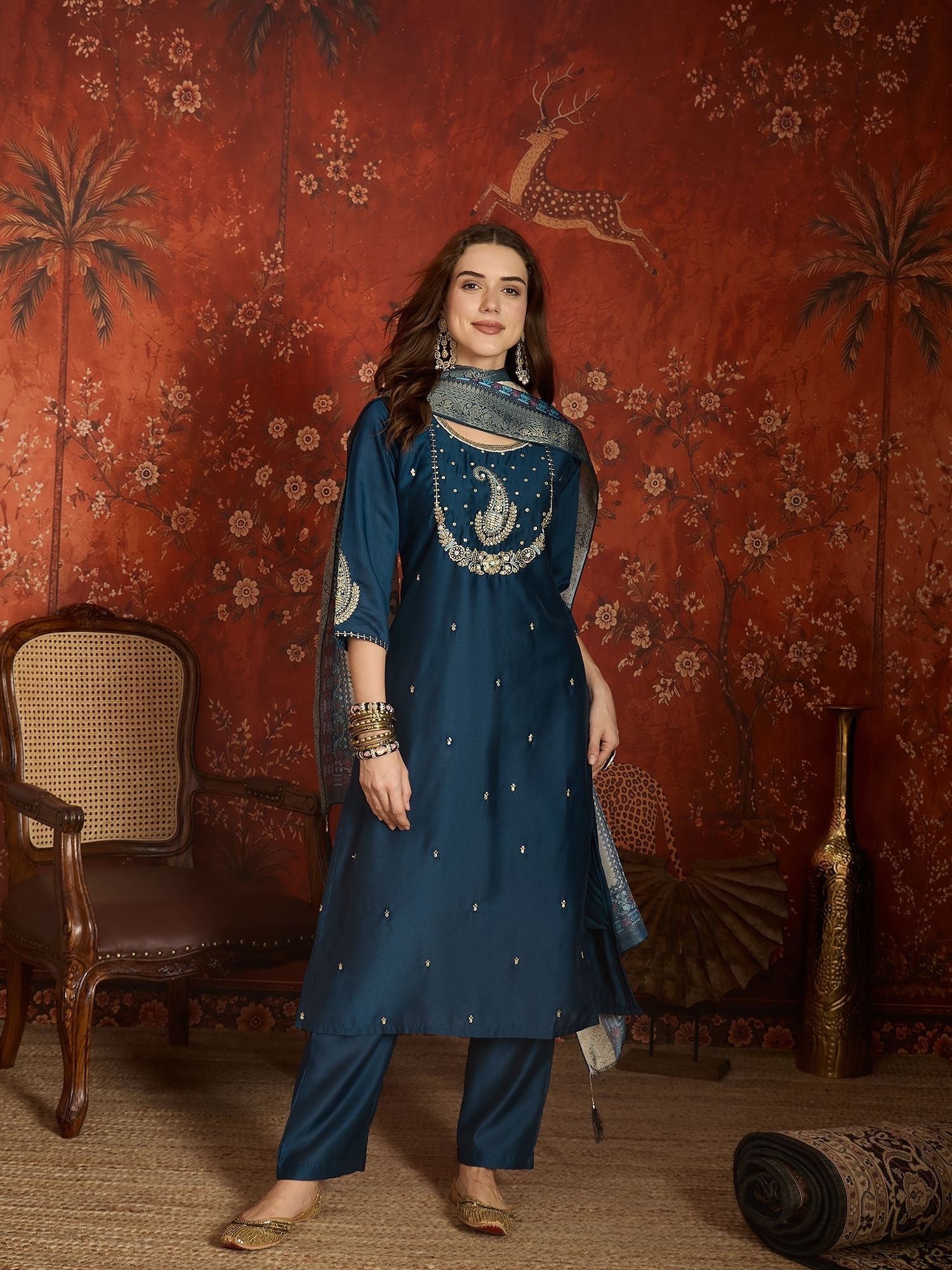 manvaa Embroidered Kurta, Trouser/Pant & Dupatta Set-picture-0