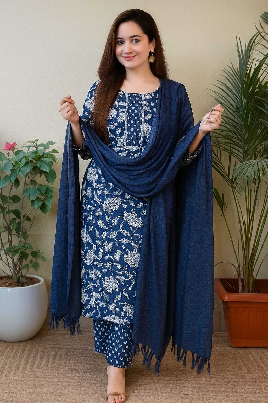 AI MODEL Floral Print Kurta, Salwar & Dupatta Set-image-0