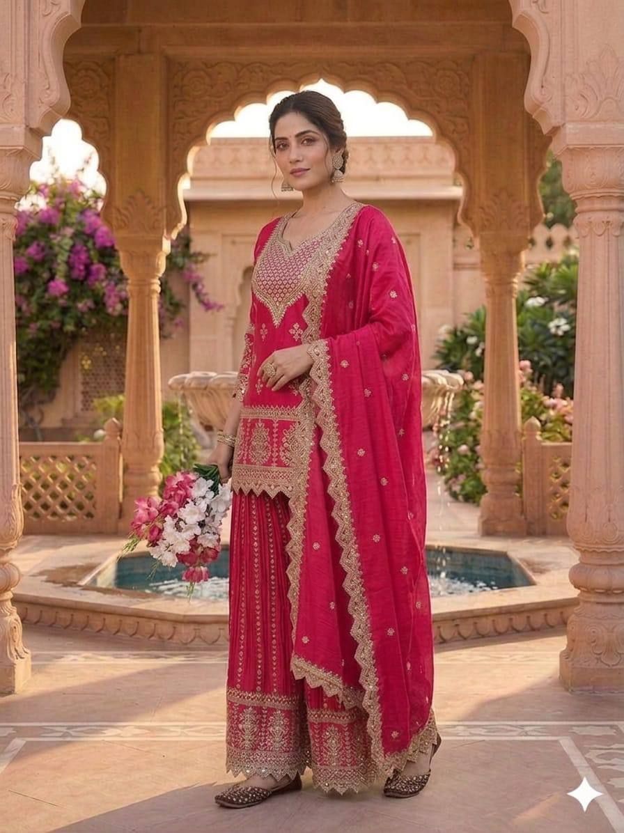 Purple Embroidered Kurta Sharara Dupatta Set Embroidered Kurta, Sharara & Dupatta Set-image-1