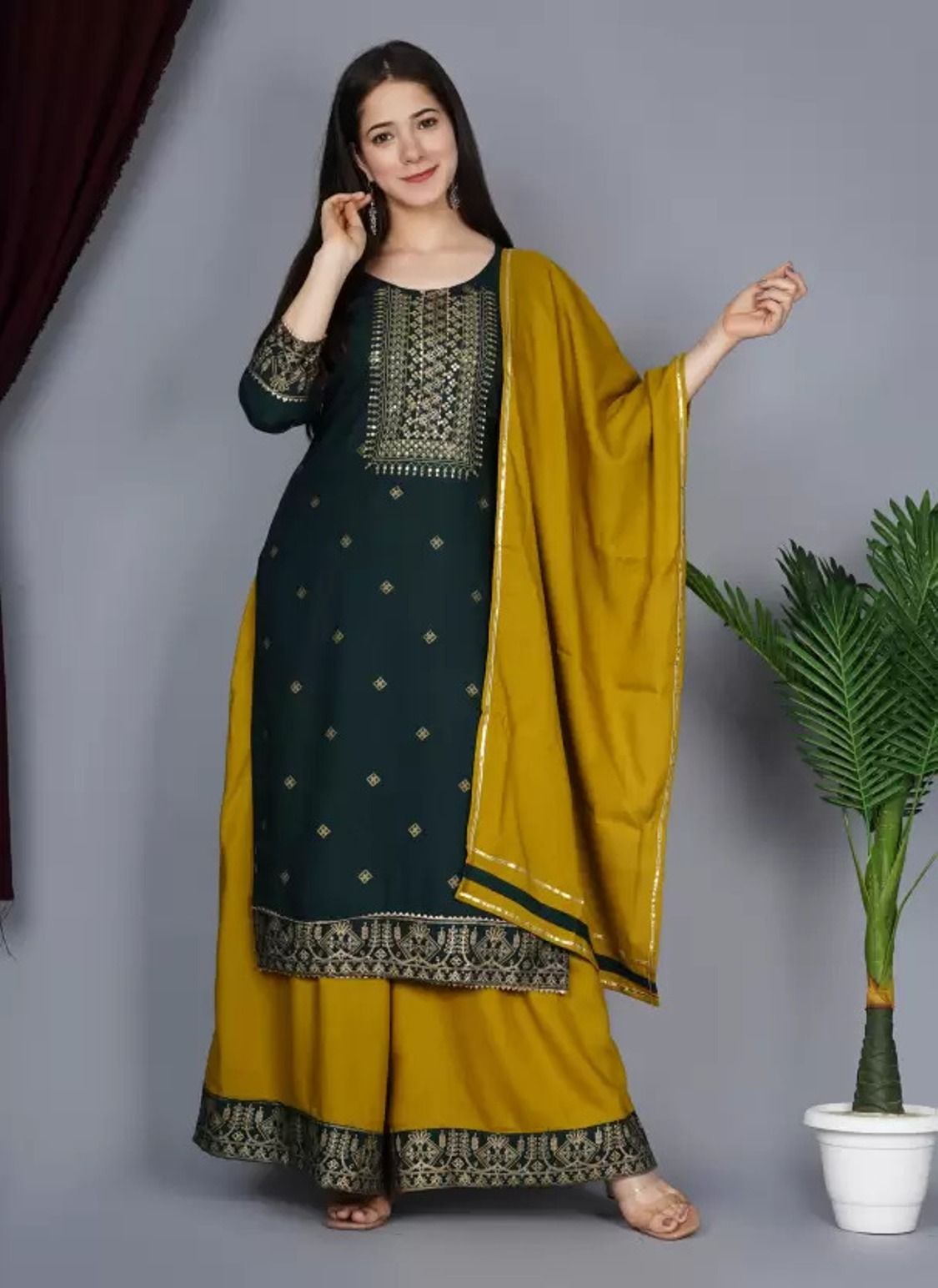 Women's Rayon Embroidered Straight Kurta And Palazzo With Dupatta Set Printed Kurta, Palazzo & Dupatta Set