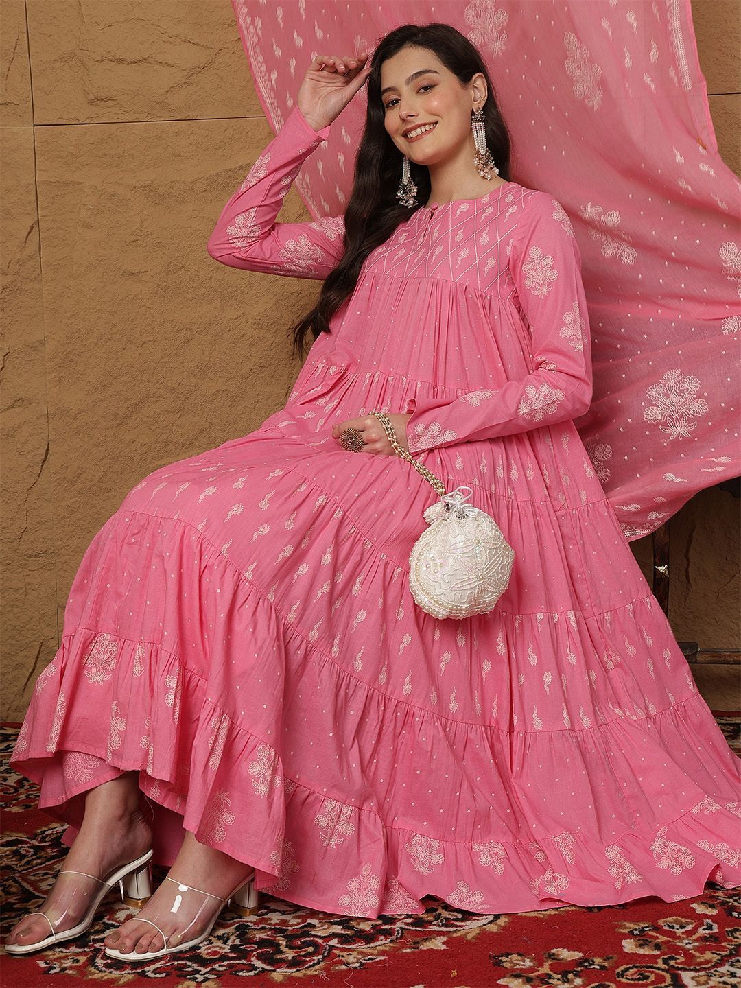 Floral Print Anarkali Kurta, Bottom & Dupatta Set-image-36