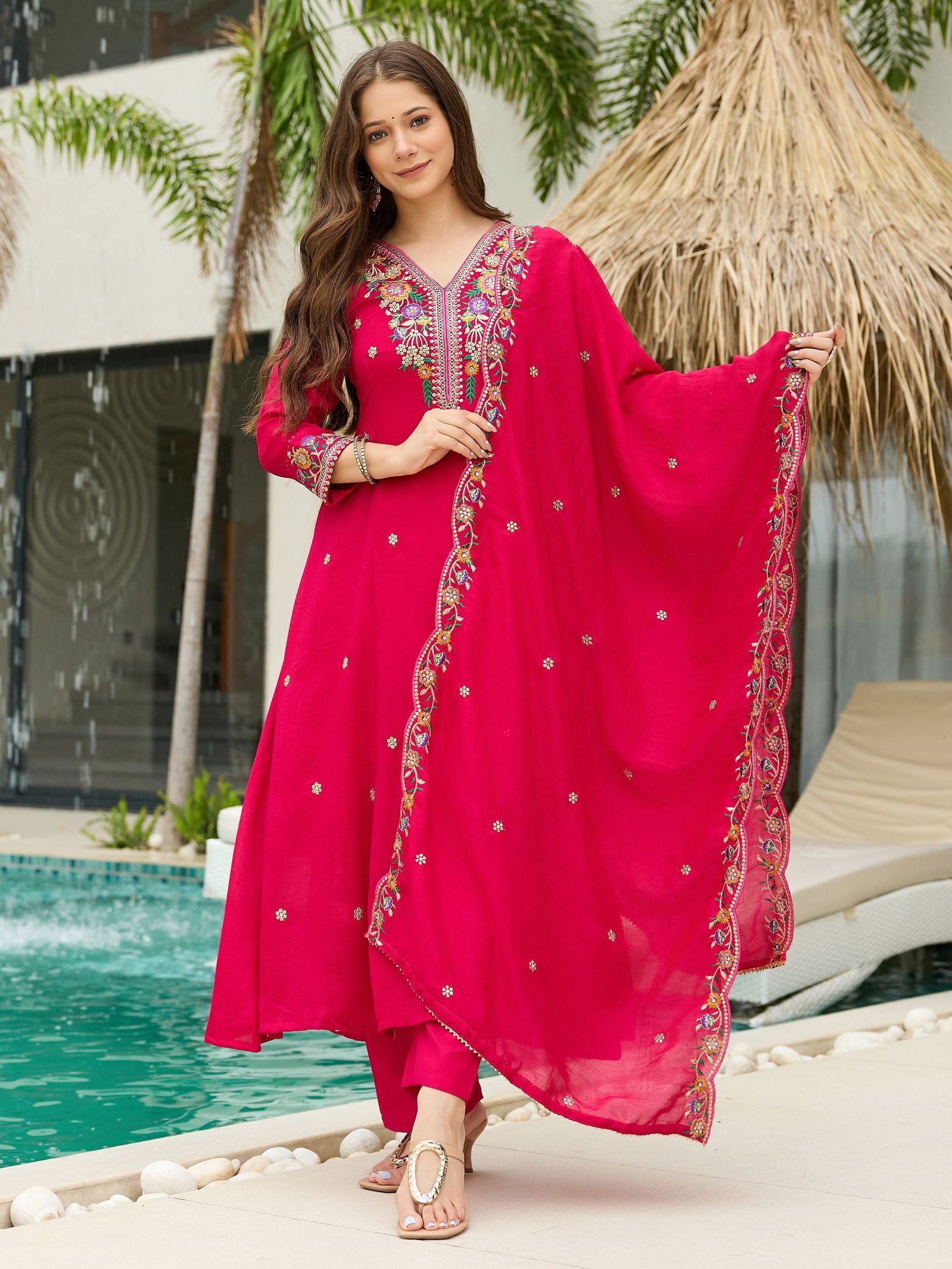 zoux Women Embroidered, Embellished Tussar Silk Anarkali Kurta With Attached Dupatta-picture-19