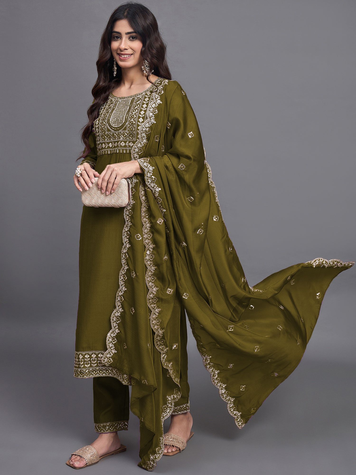 Embroidered Kurta, Trouser/Pant & Dupatta Set