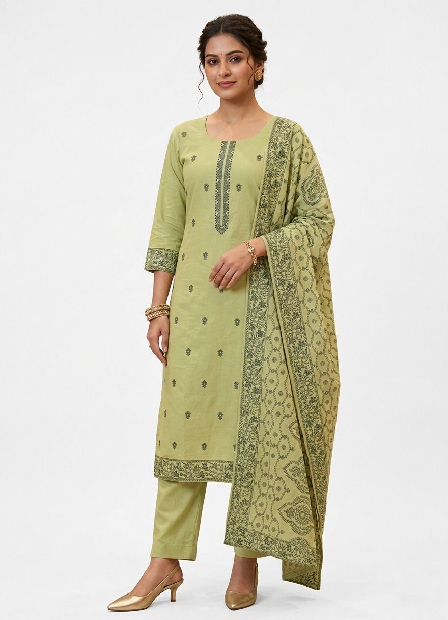 Rebel Weaves Women's Pistachio Green Printed Kurta Pant with Dupatta Set Solid Kurta, Trouser/Pant & Dupatta Set-image-9