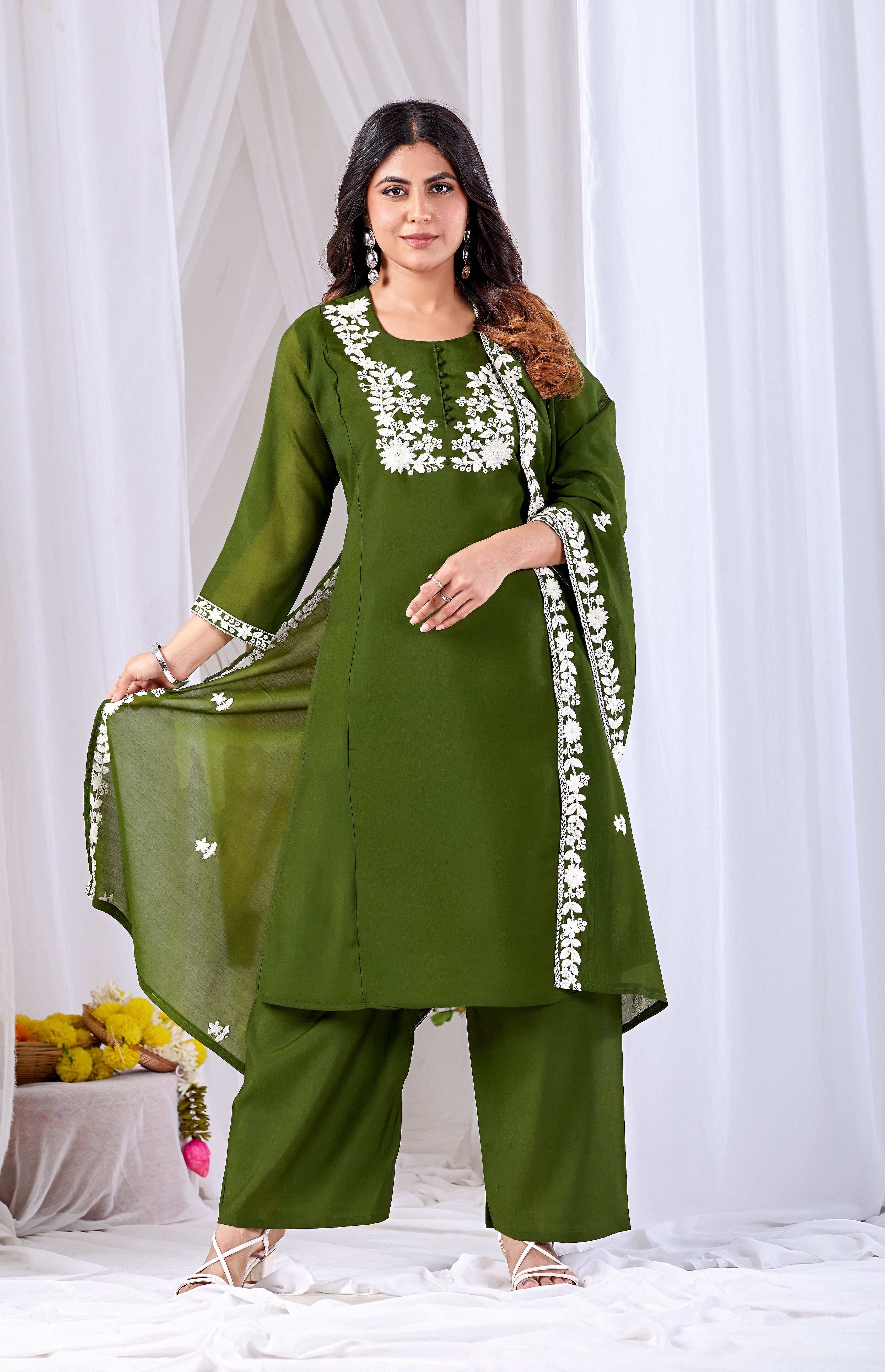manvaa Embroidered Kurta, Trouser/Pant & Dupatta Set-picture-1