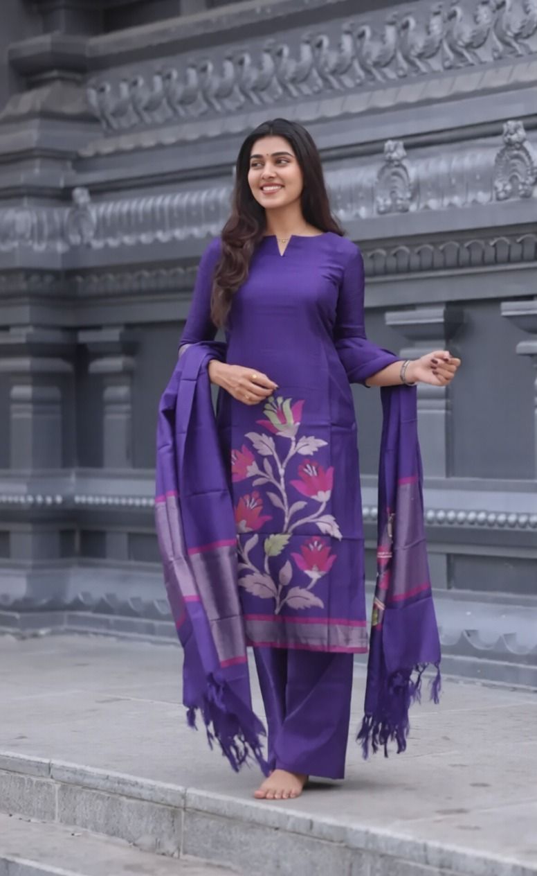 zylara Floral Print, Woven Design Art Silk Straight Kurta for Women With Attached Dupatta-picture-39