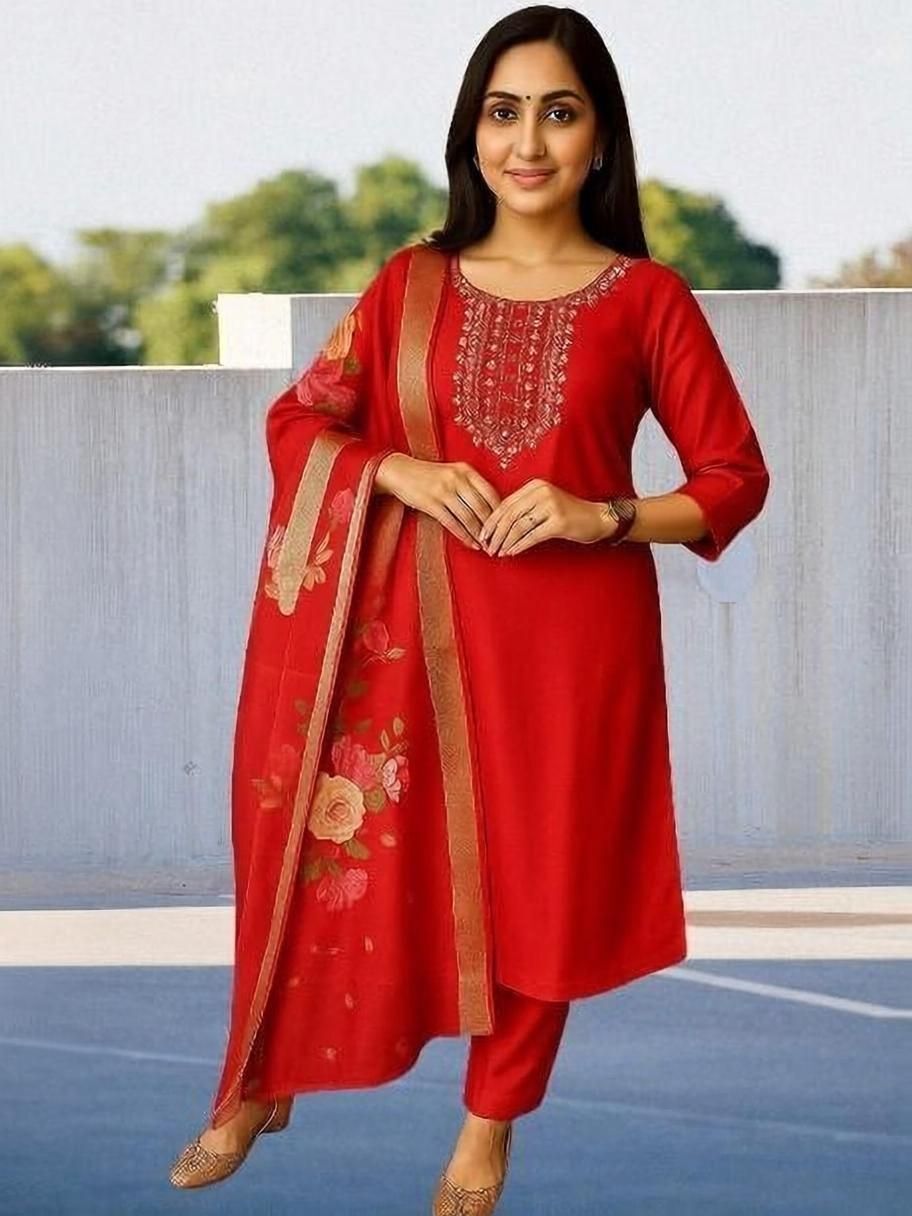 LIZORD FAB Women Rayon Kurti Pant Dupatta Set – Casual, Office & Festive Wear Embroidered Kurta, Trouser/Pant & Dupatta Set-image-1