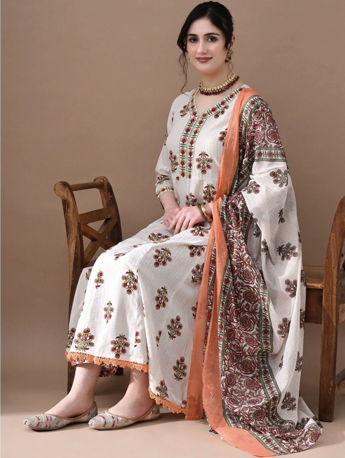 Floral Print Anarkali Kurta, Bottom & Dupatta Set-image-5