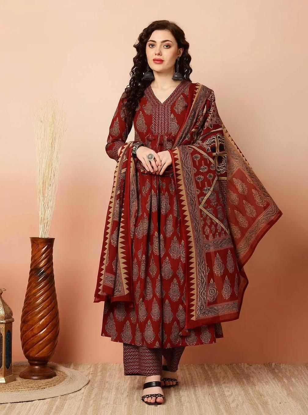 Bairaj Women Printed Anarkali Kurta, Pant & Dupatta Set (Maroon) Printed Kurta, Trouser/Pant & Dupatta Set-image-23