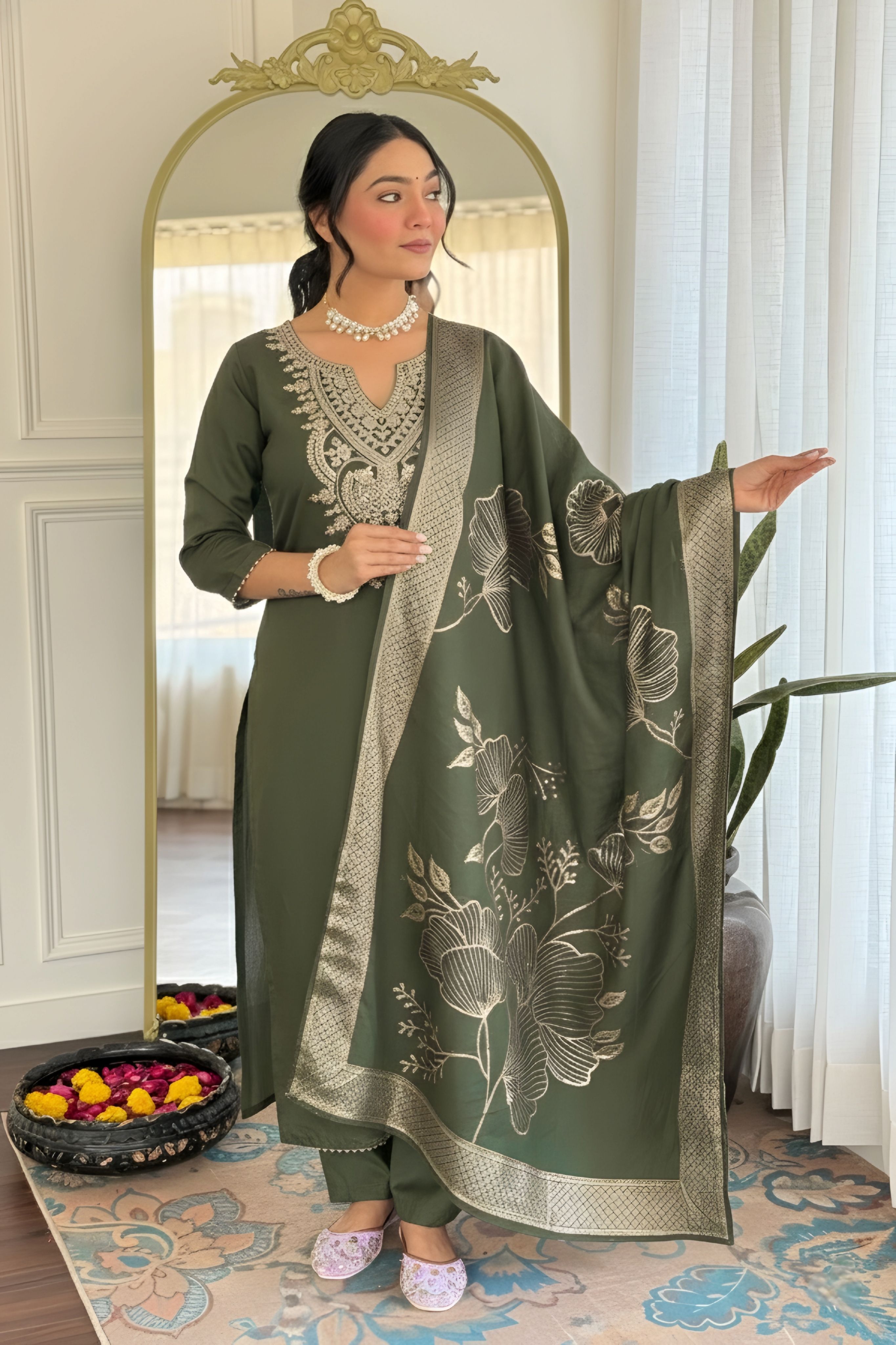 Embroidered Anarkali Kurta, Bottom & Dupatta Set-image-41