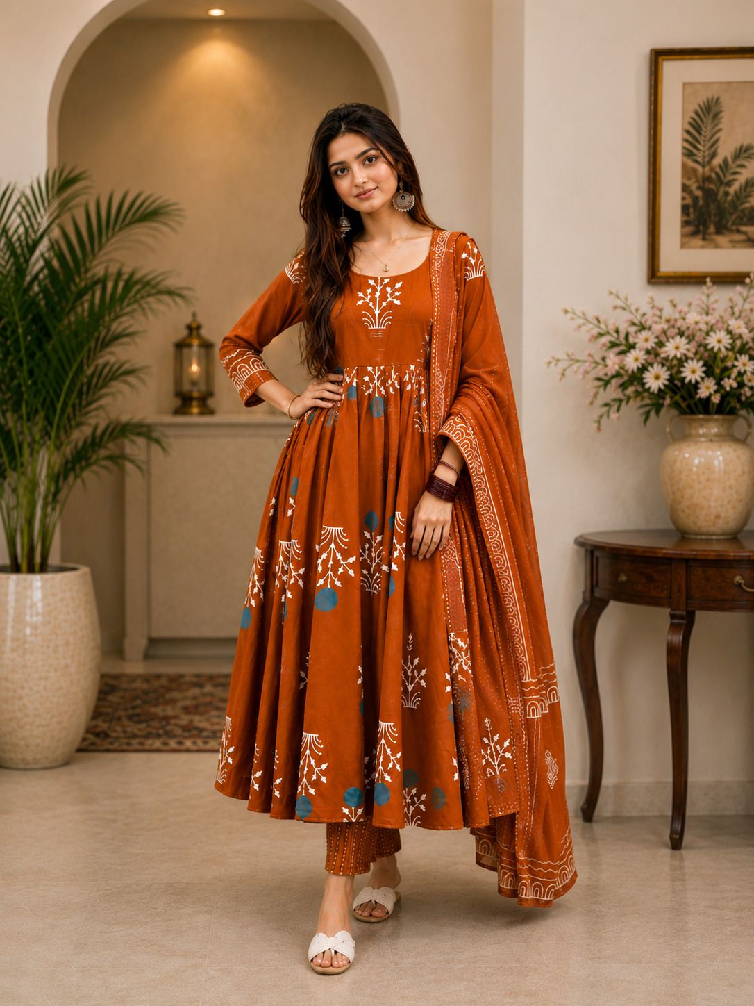 nabubafashion Women's Mustard Printed Kurti Palazzo Dupatta Set Ethnic Wear for Daily Use Printed Anarkali Kurta, Bottom & Dupatta Set-picture-26