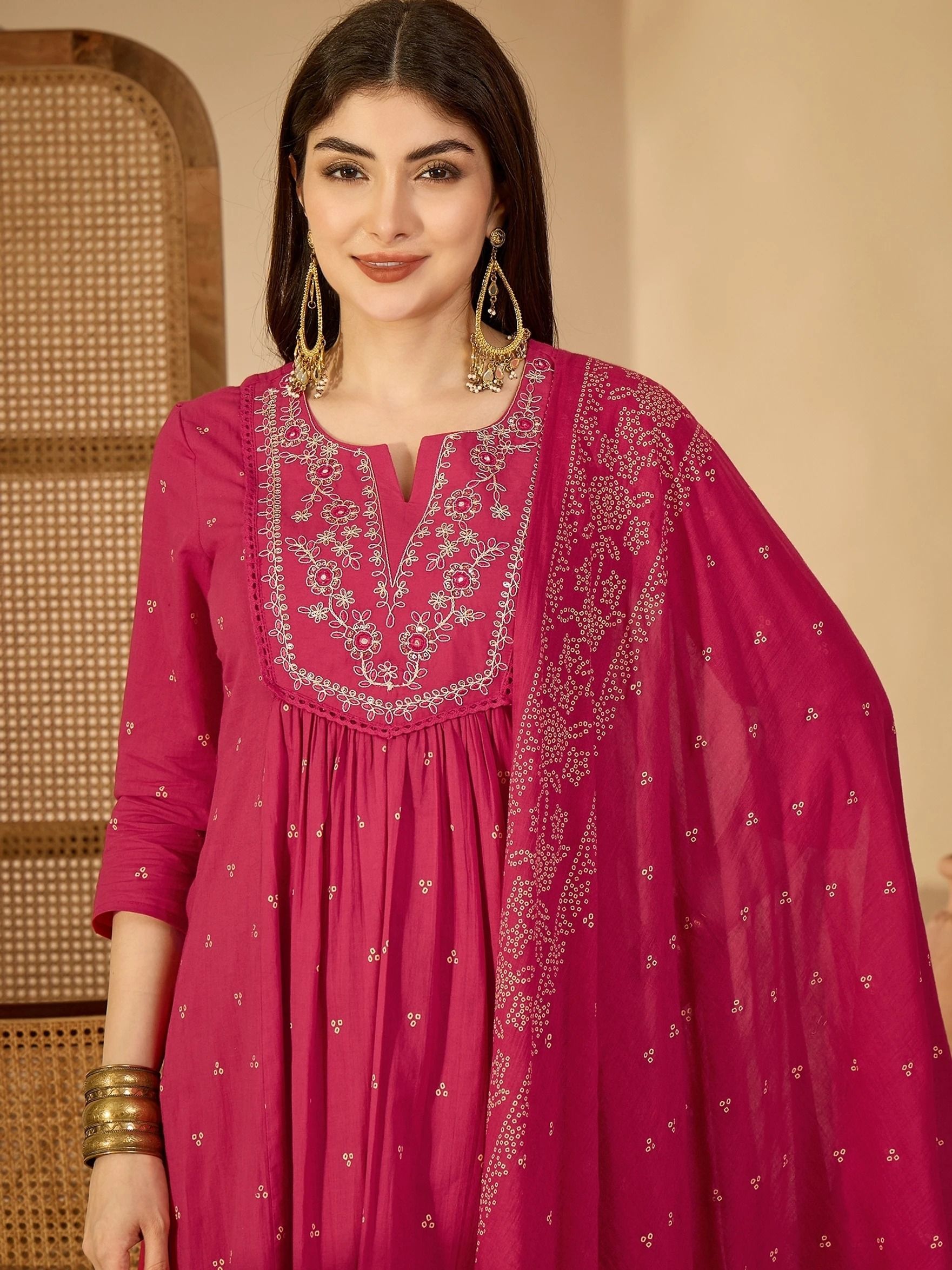 Women Pure Cotton Embroidered & Printed Anarkali Kurta, Bottom & Dupatta Set-image-43