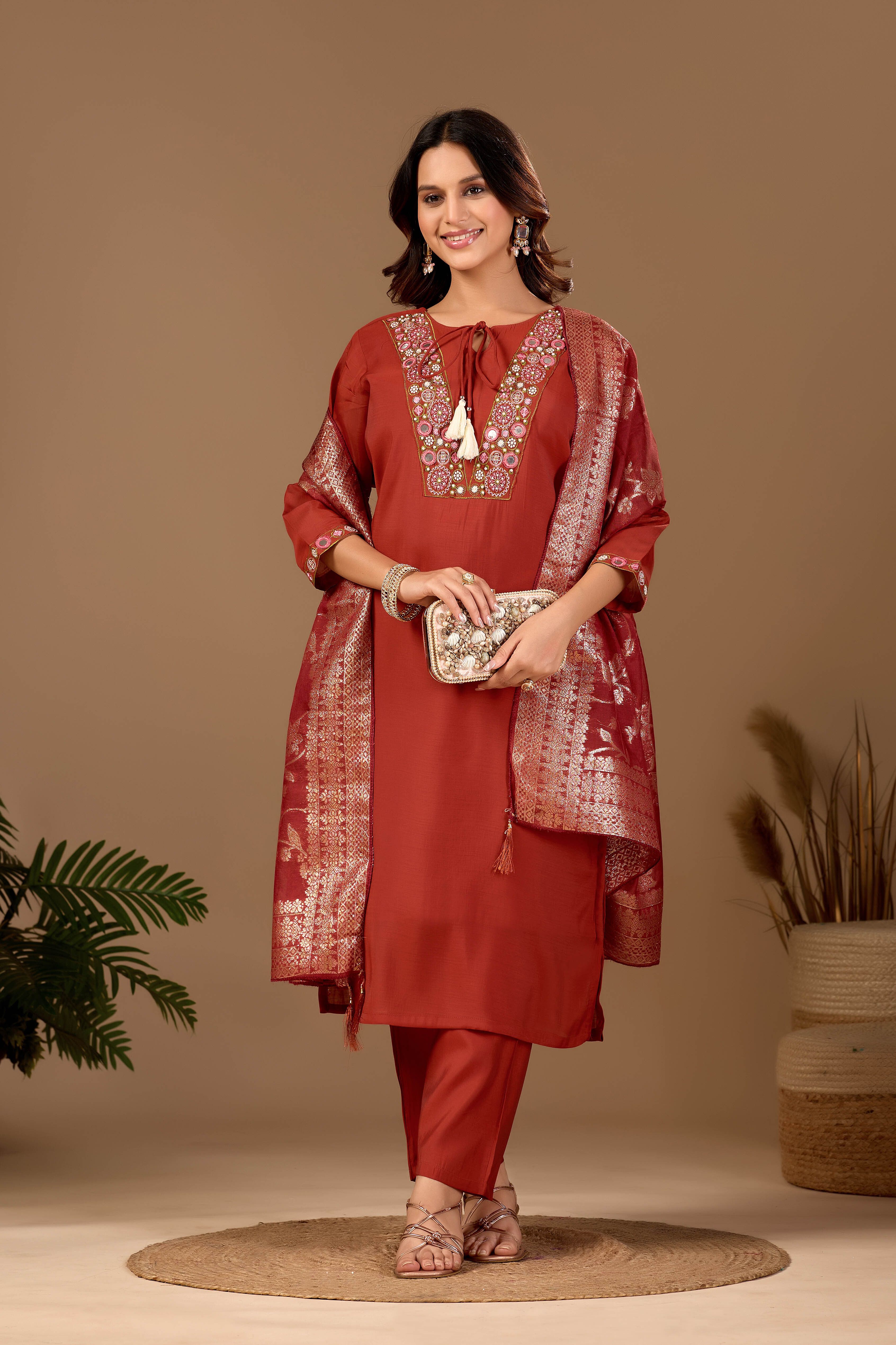 manvaa Embroidered Kurta, Trouser/Pant & Dupatta Set-picture-7