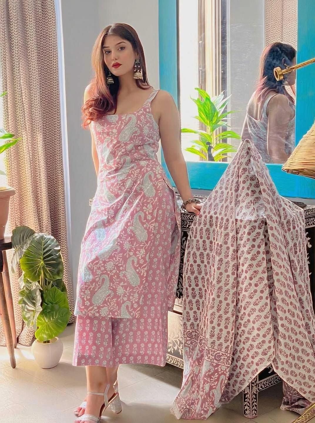 chandni Pahraava Women's Cotton Kurta With Plazzo And Dupatta Set, Pink Paisley Kurta, Palazzo & Dupatta Set-picture-13