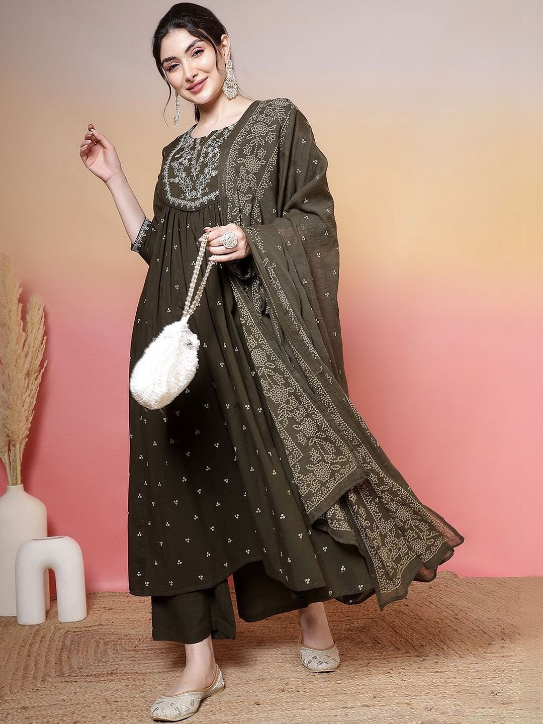 Women Pure Cotton Embroidered & Embroidered Anarkali Kurta, Bottom & Dupatta Set-image-4