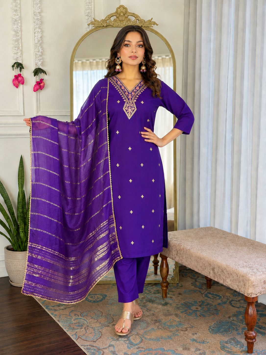 SUIT-SET Embroidered Kurta, Trouser/Pant & Dupatta Set-image-11