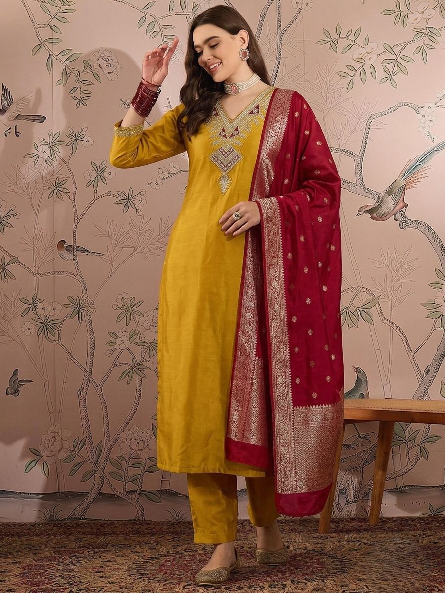 themutedthreads Sunshine Yellow Embroidered Kurta Pant Set Pink Dupatta for Women Embroidered Kurta, Trouser/Pant & Dupatta Set-picture-12