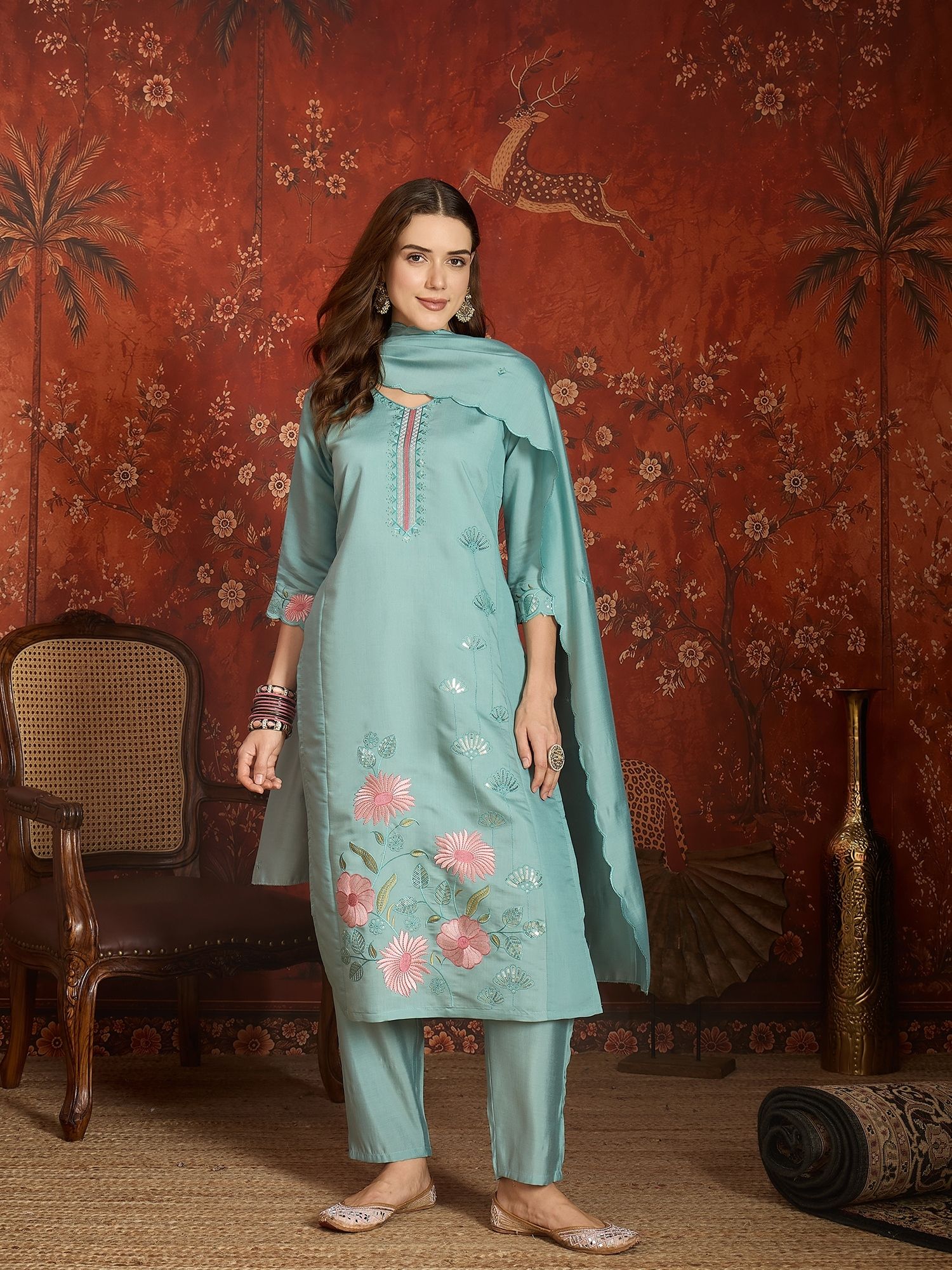 manvaa Embroidered Kurta, Trouser/Pant & Dupatta Set-picture-9