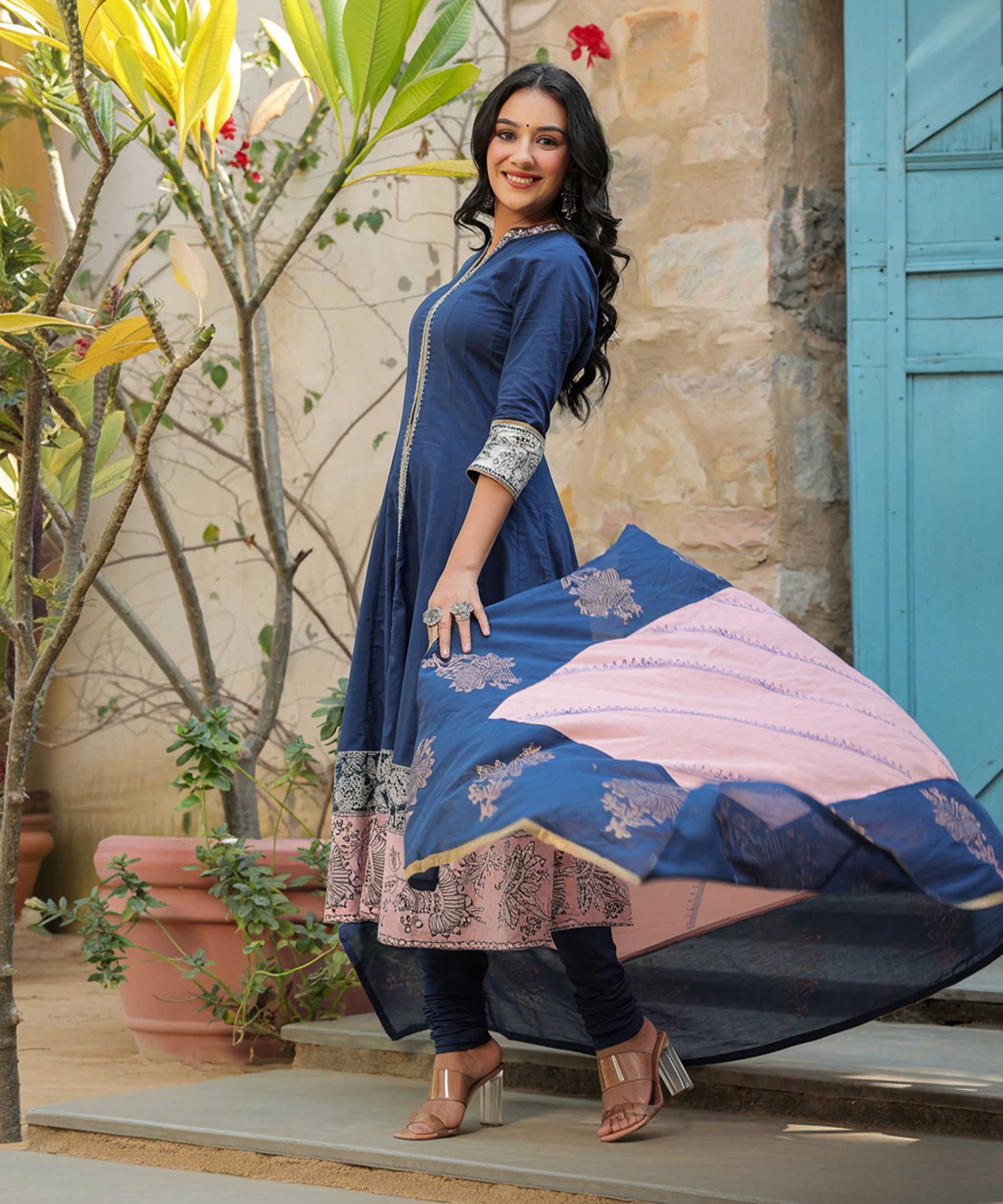 rain & rainbow Women Navy Blue Pure Cotton Anarkali Kurta with Churidar & Dupatta Self Design Anarkali Kurta, Bottom & Dupatta Set-picture-10