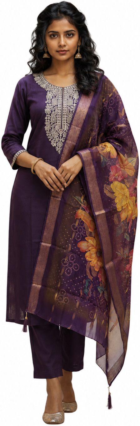 Ethnic Aura Floral Grace Embroidered Kurta, Trouser/Pant & Dupatta Set-image-9