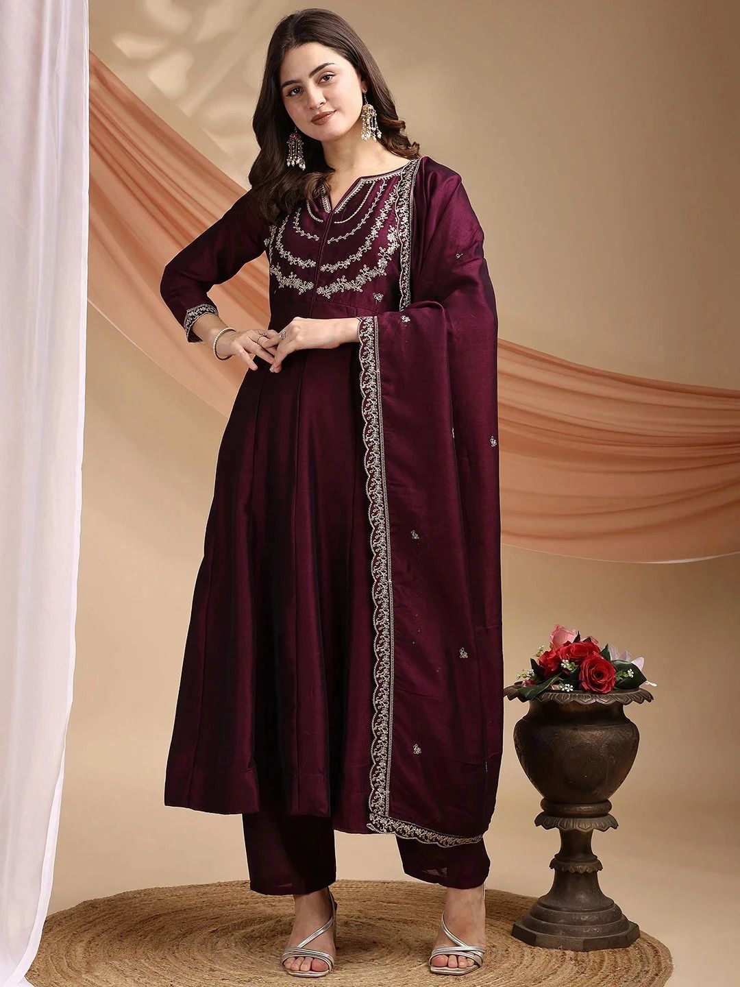 omicron fab Hand-Embroidered Anarkali Set with Pant and Dupatta Embroidered Kurta, Palazzo & Dupatta Set-picture-12