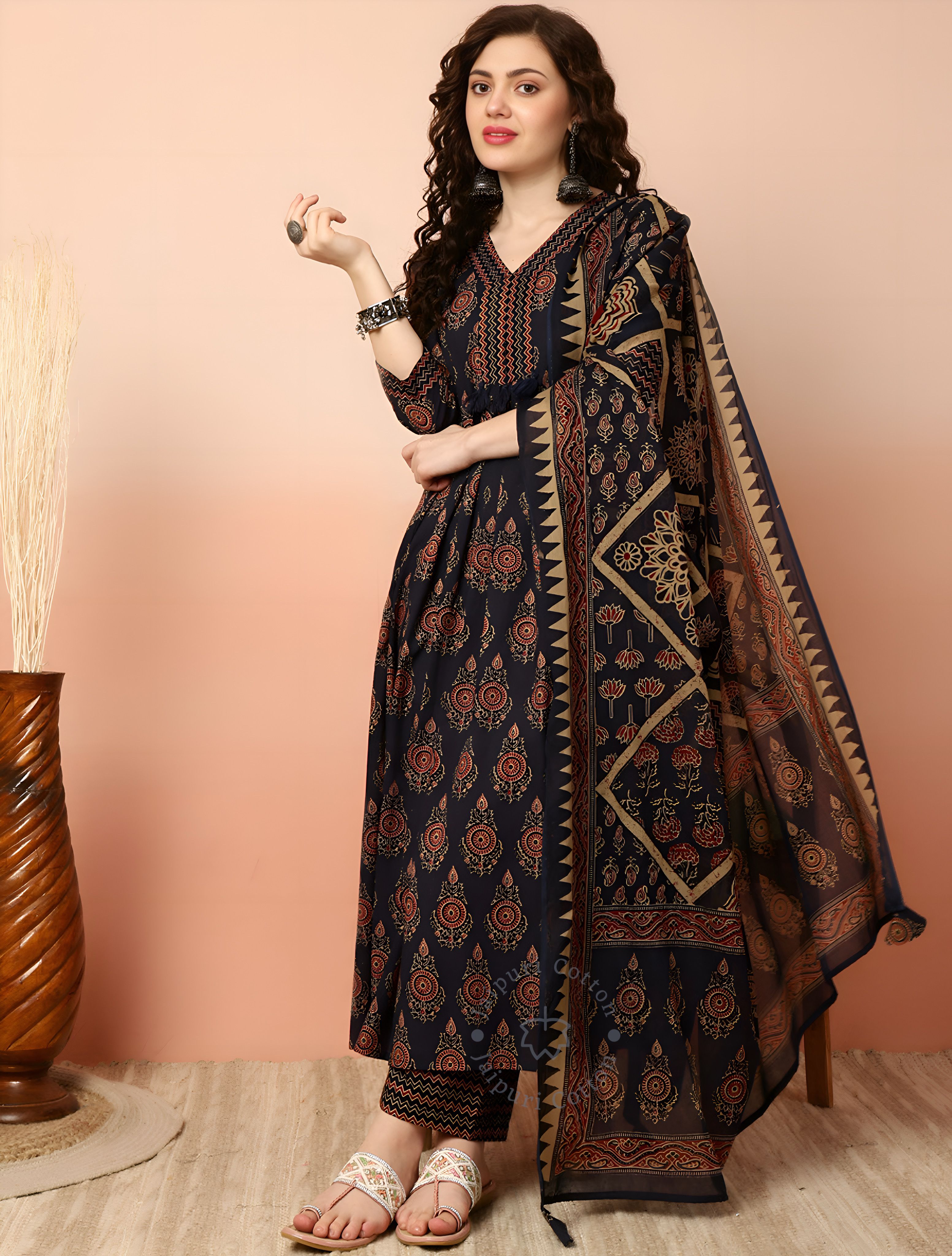 Floral Print Kurta, Palazzo & Dupatta Set
