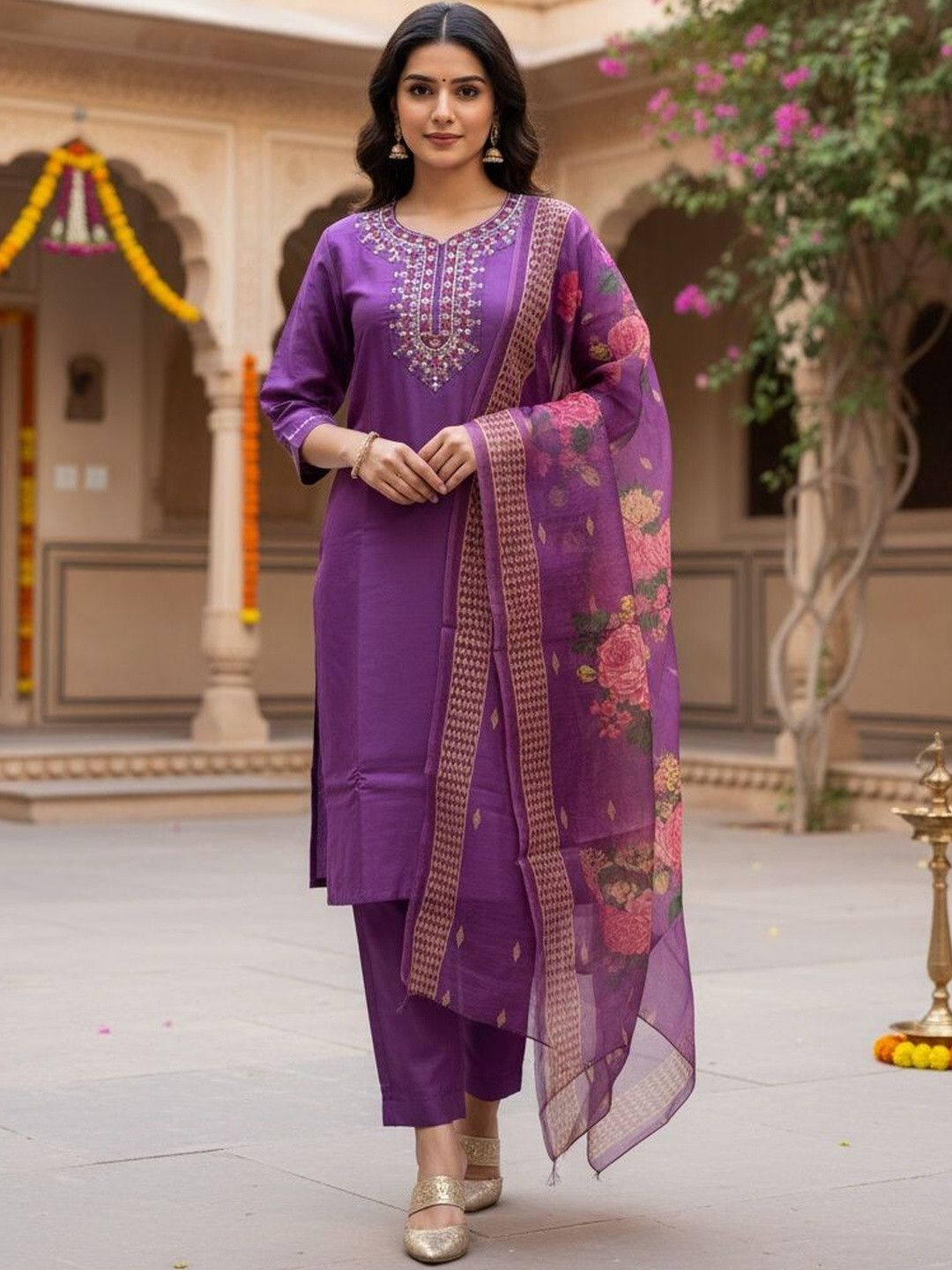 h.vedora Women Floral Printed Straight Salwar Suit Set with Chiffon Dupatta Ethnic Wear Floral Print Kurta, Trouser/Pant & Dupatta Set-picture-45