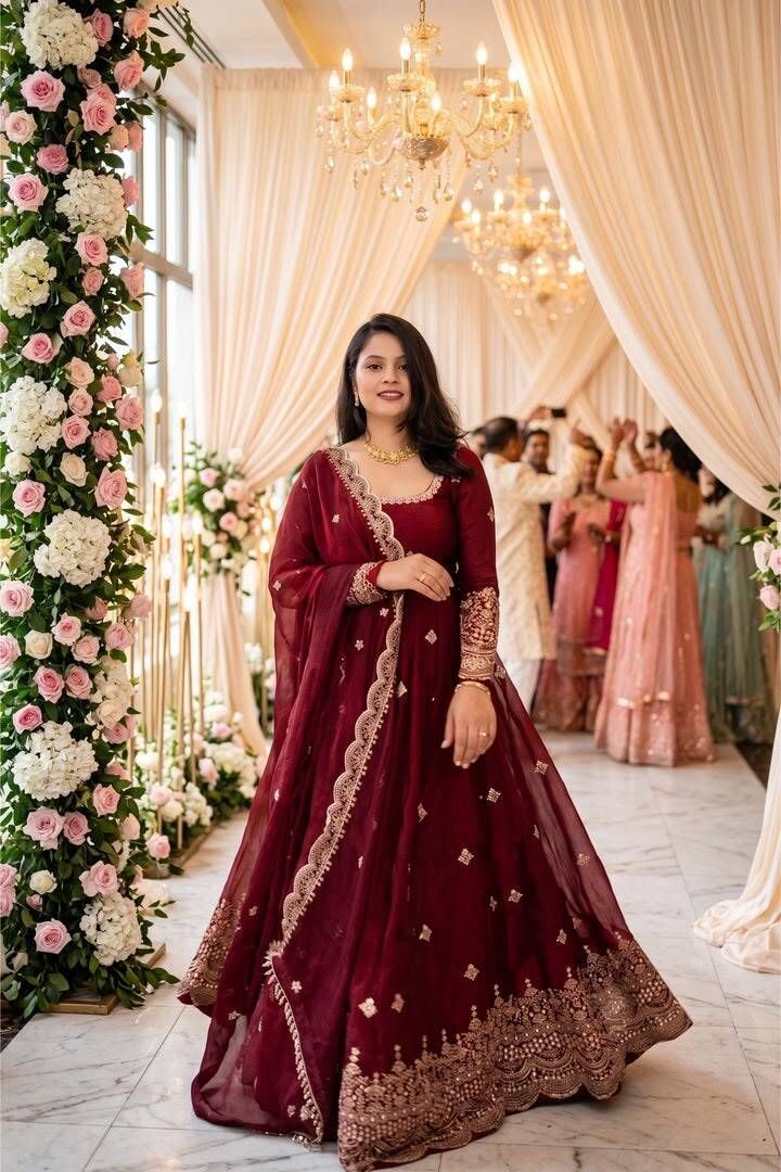 Tasrika Embroidered Kurta Set Embroidered Anarkali Kurta, Bottom & Dupatta Set-image-0