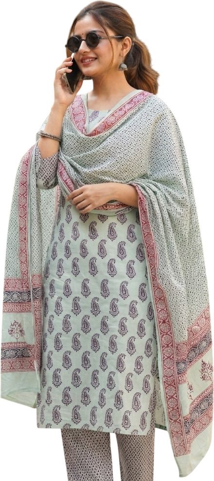Hand Block Bagh Print Dress Material Set Color Block Kurta, Trouser/Pant & Dupatta Set-image-3