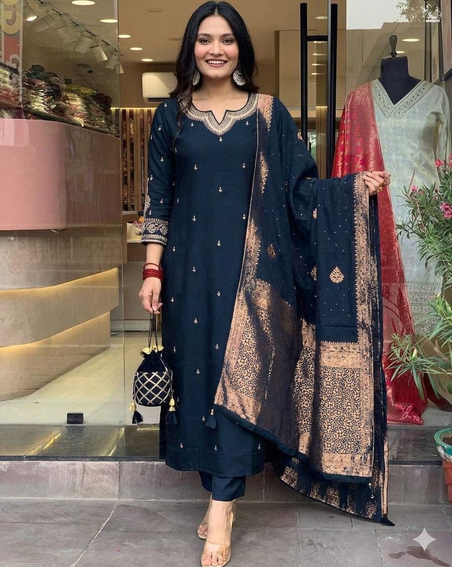 promza fashion Women Navy Blue Viscose Rayon Kurta Pant Set with Dupatta Ethnic Festive Wear Embroidered Kurta, Trouser/Pant & Dupatta Set-picture-11