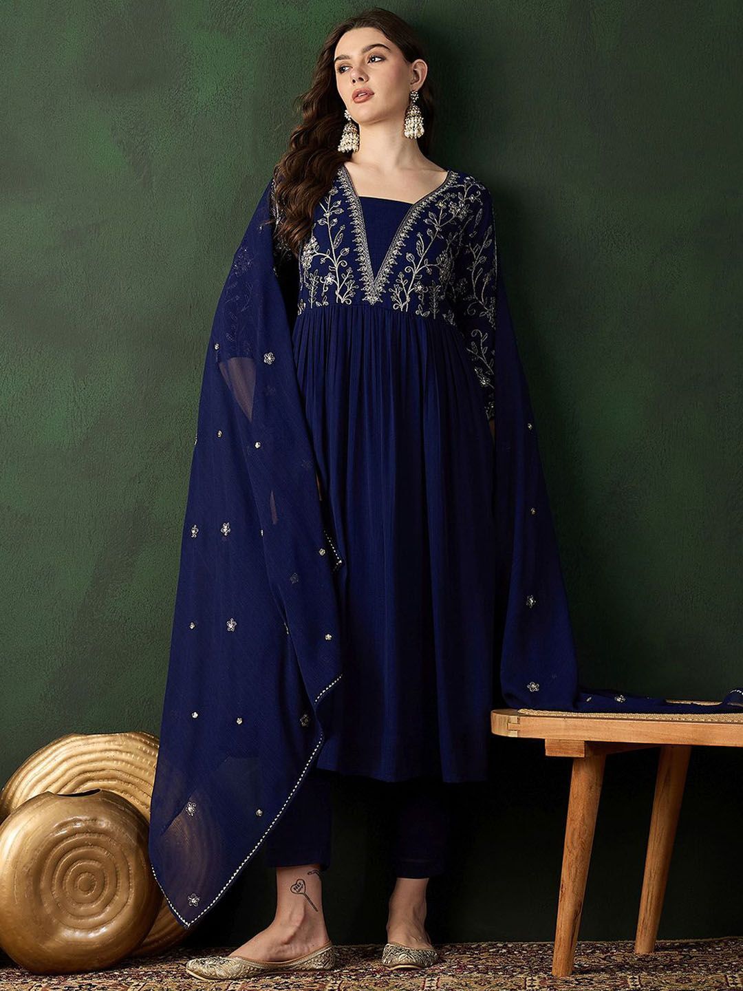 sangria Embroidered Anarkali Kurta, Bottom & Dupatta Set-picture-10