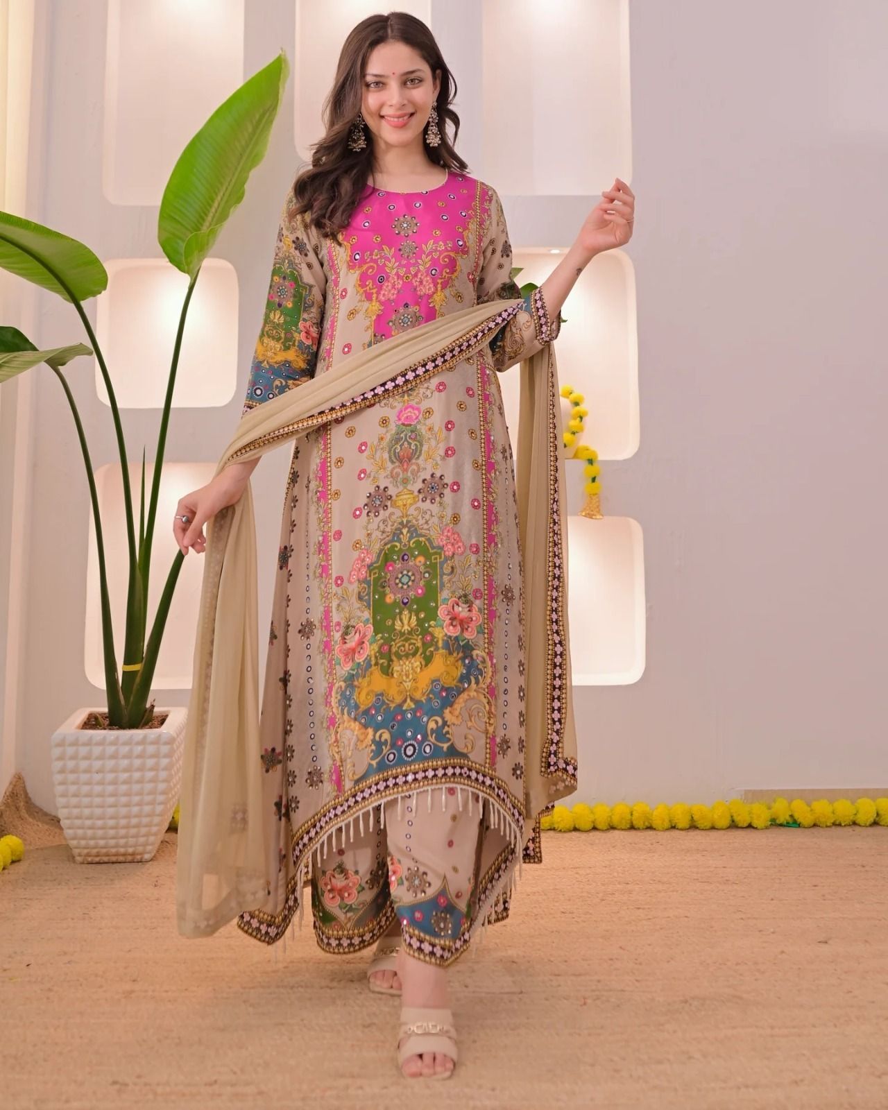 Embroidered Kurta, Sharara & Dupatta Set-image-4