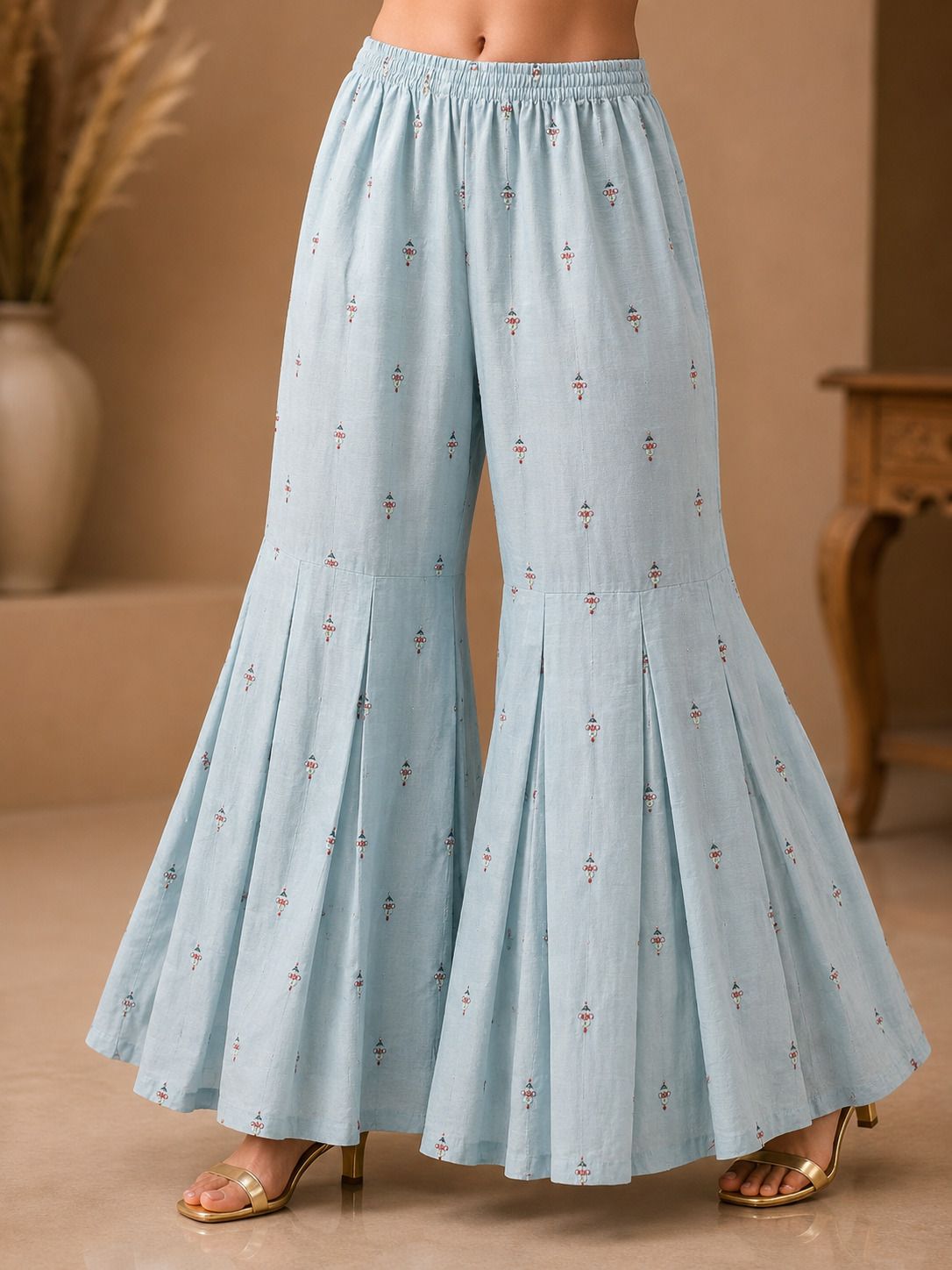 Women Flared Blue Cotton Blend Trousers-image-30