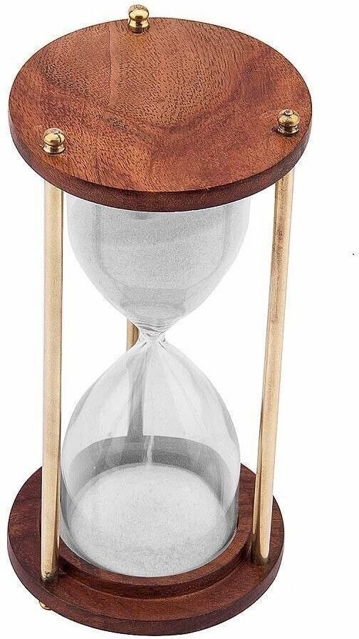 Wooden and Brass Sand Timer Hour Glass Sandglass Clock Antique Nautical Home Décor Height- 6 Inches/ Time- 5 Minutes (7.5 x 7.5 x 15 cm) Sand Clock-image-1
