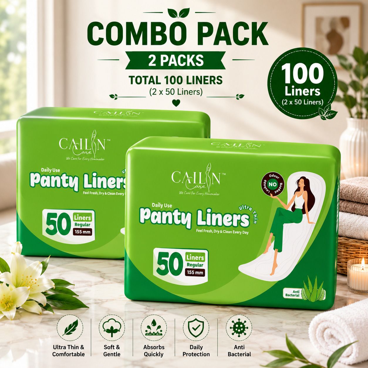 Ultra Thin Cotton Soft Comfort Spotting Aloe Vera Infused (Size - 155mm) Pantyliner-image-33