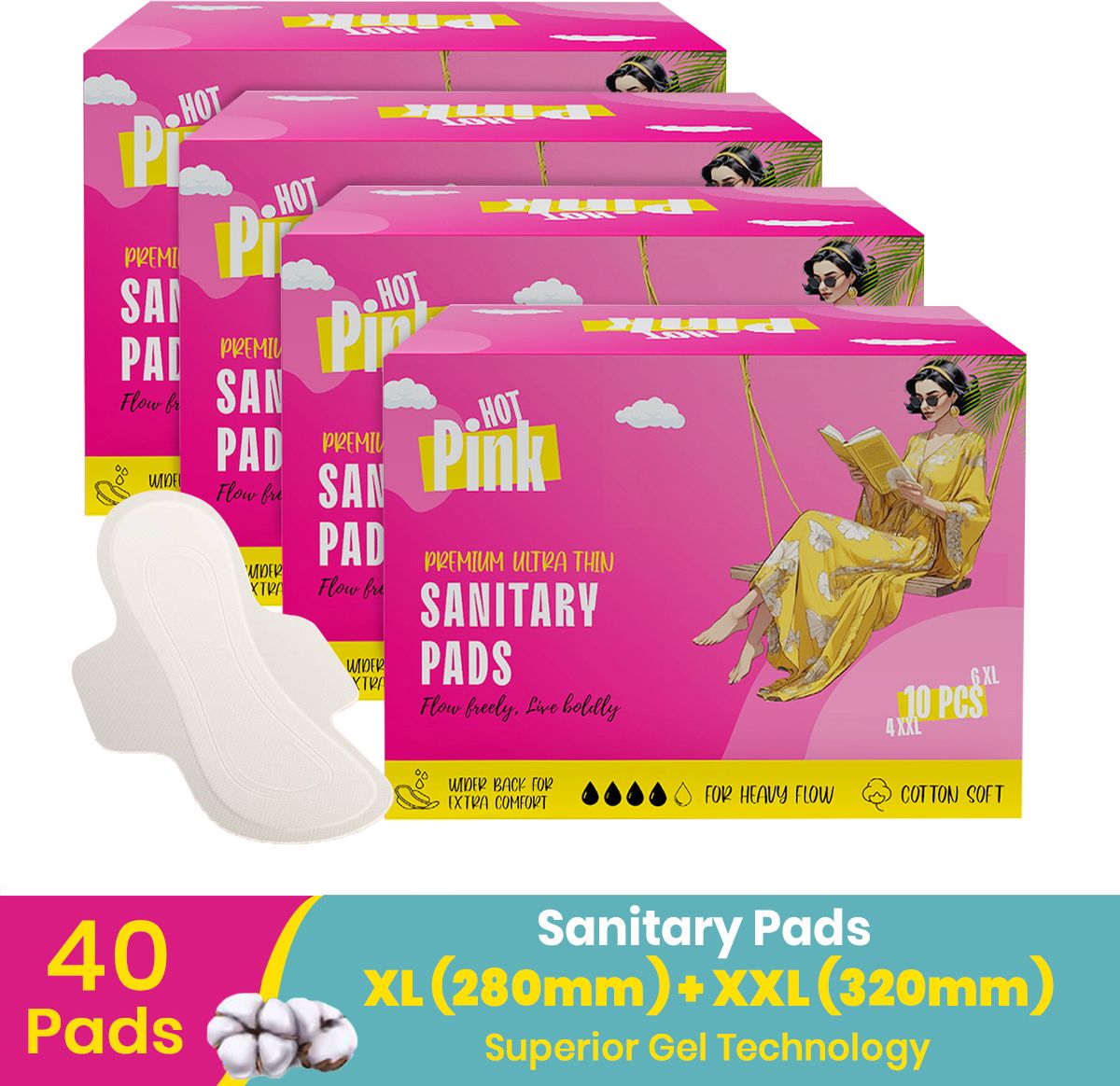 pinq polka Hot Pink Pads For Women (24 XL + 16 XXL) Heavy Flow, Cotton Feel, Rash Free Sanitary Pad-picture-16