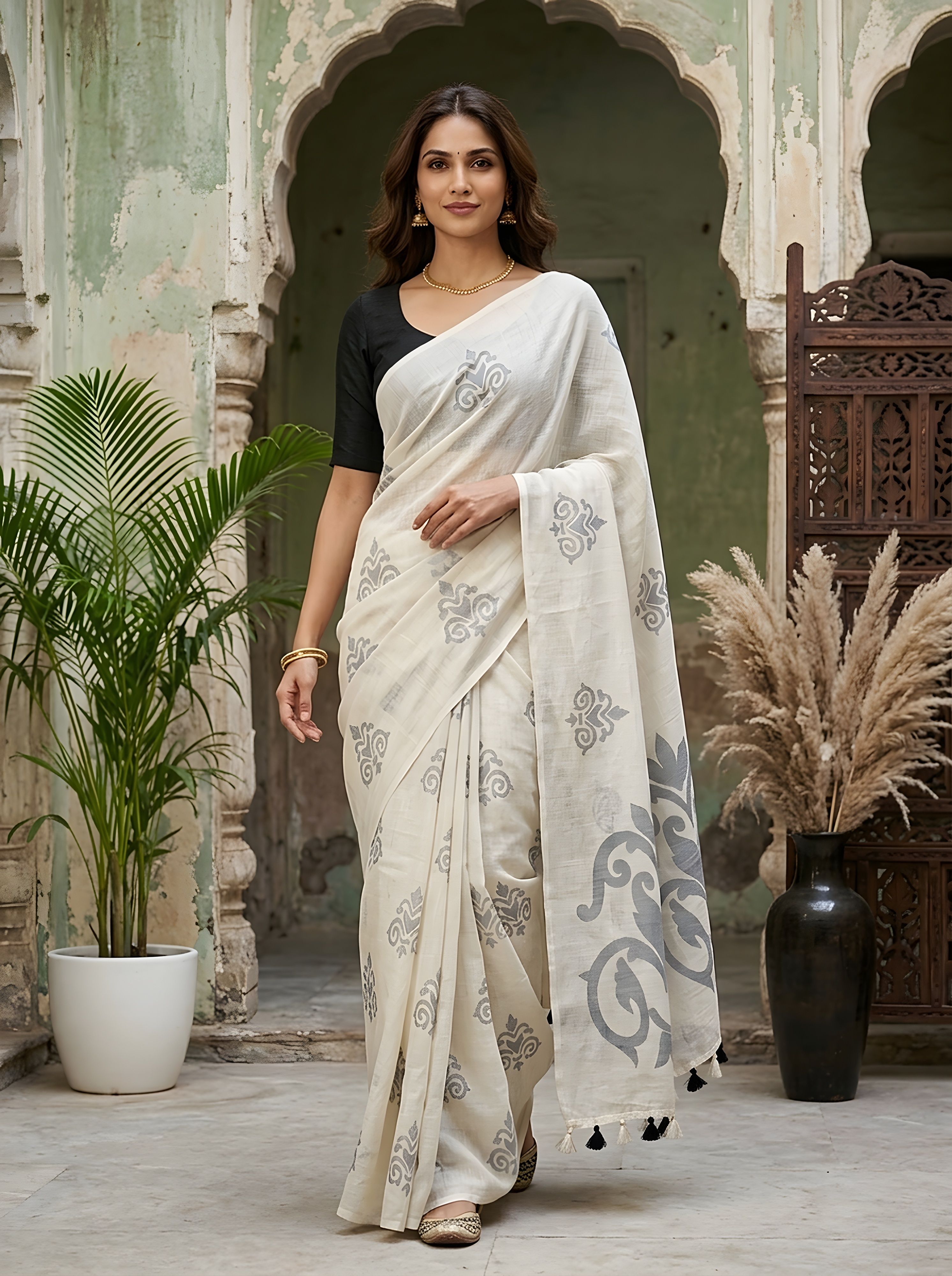 Floral Print Bollywood Cotton Linen Saree-image-46
