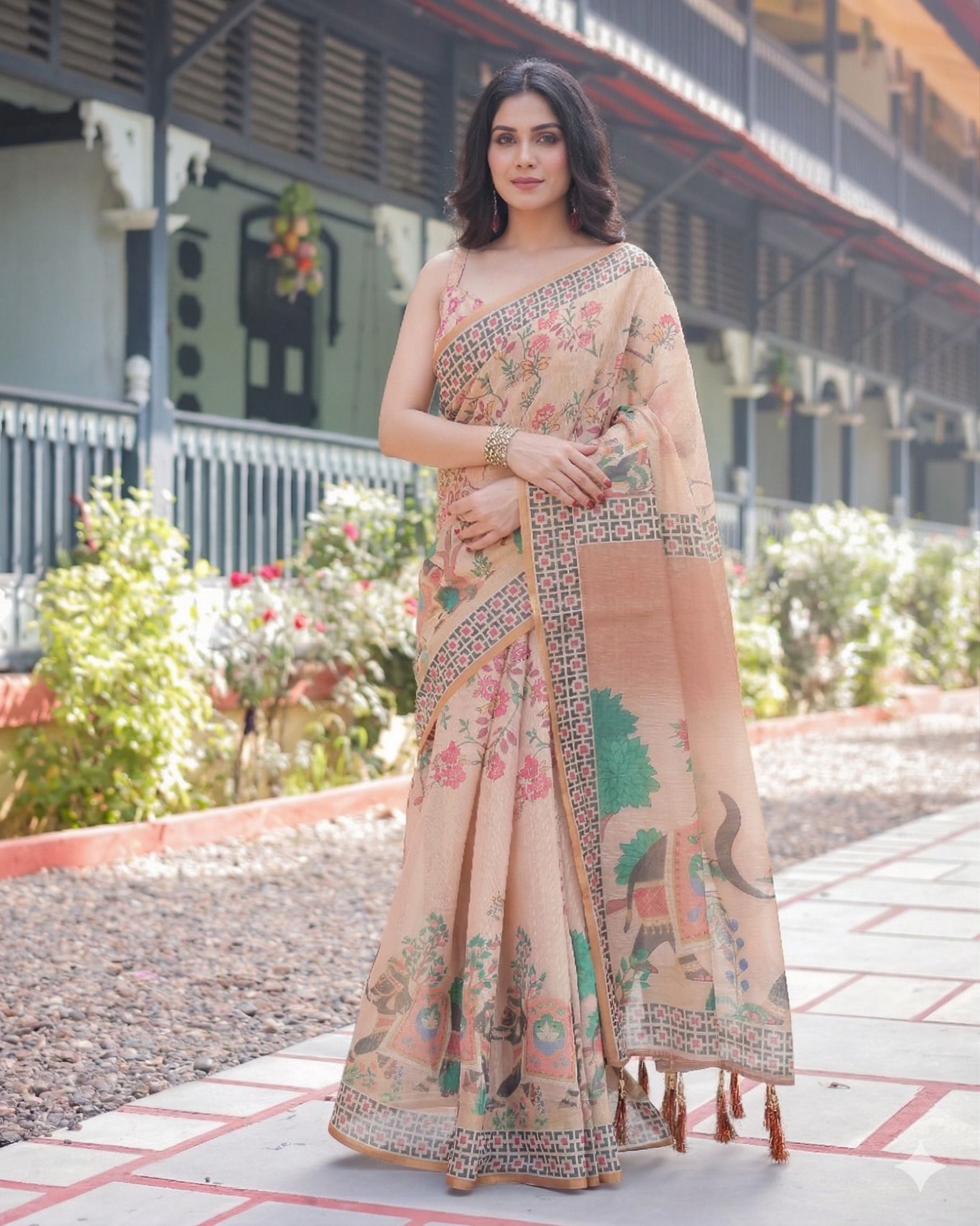 jishaa Printed, Floral Print Bollywood Linen Saree-picture-24