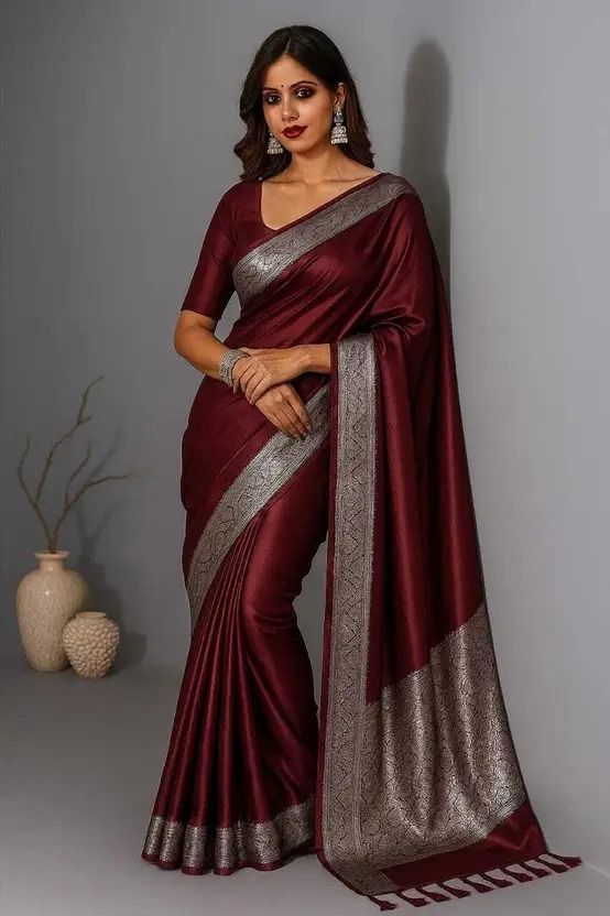 Woven, Temple Border, Solid/Plain Banarasi Satin Saree-image-31