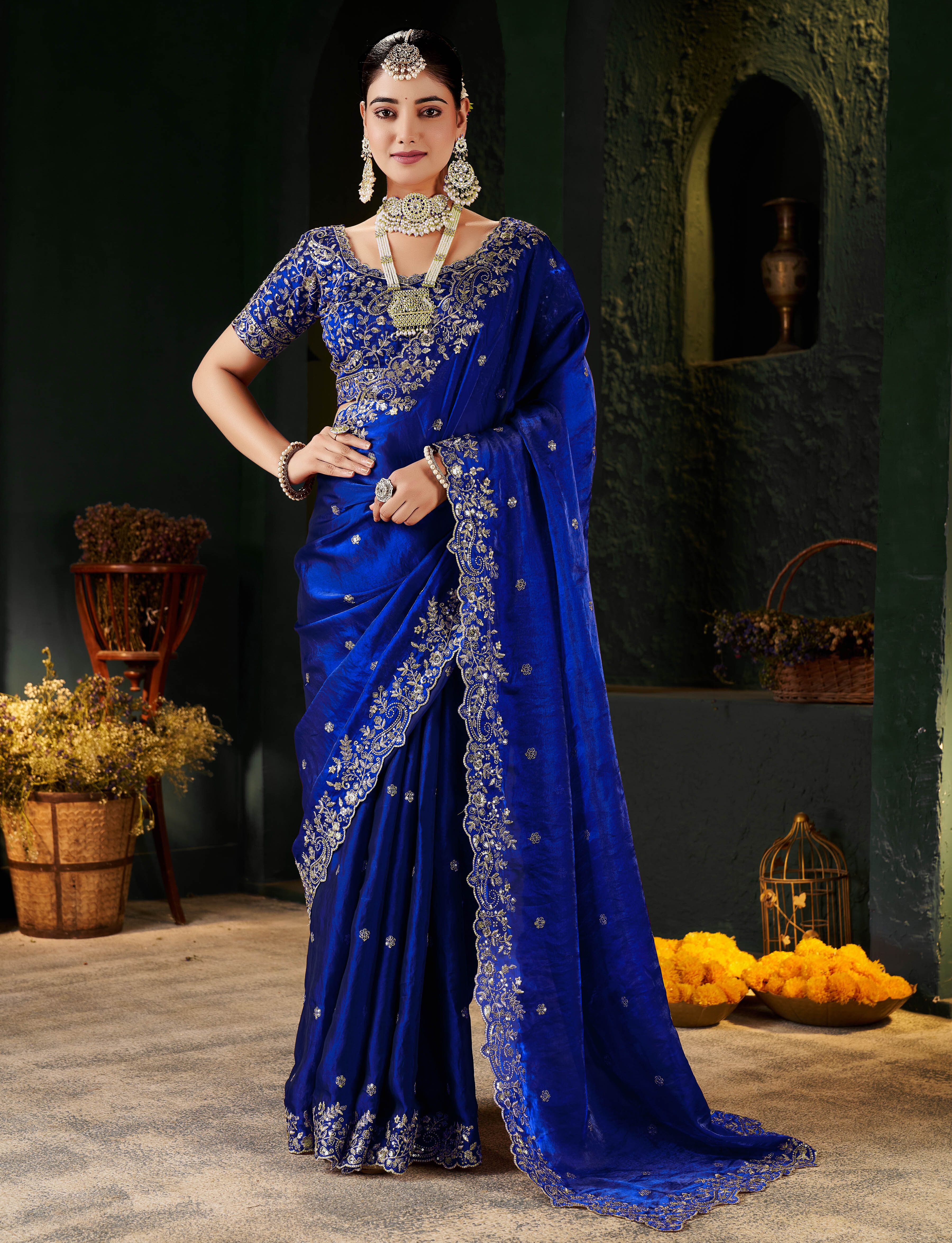 Embroidered Bollywood Tissue, Silk Blend Saree-image-33