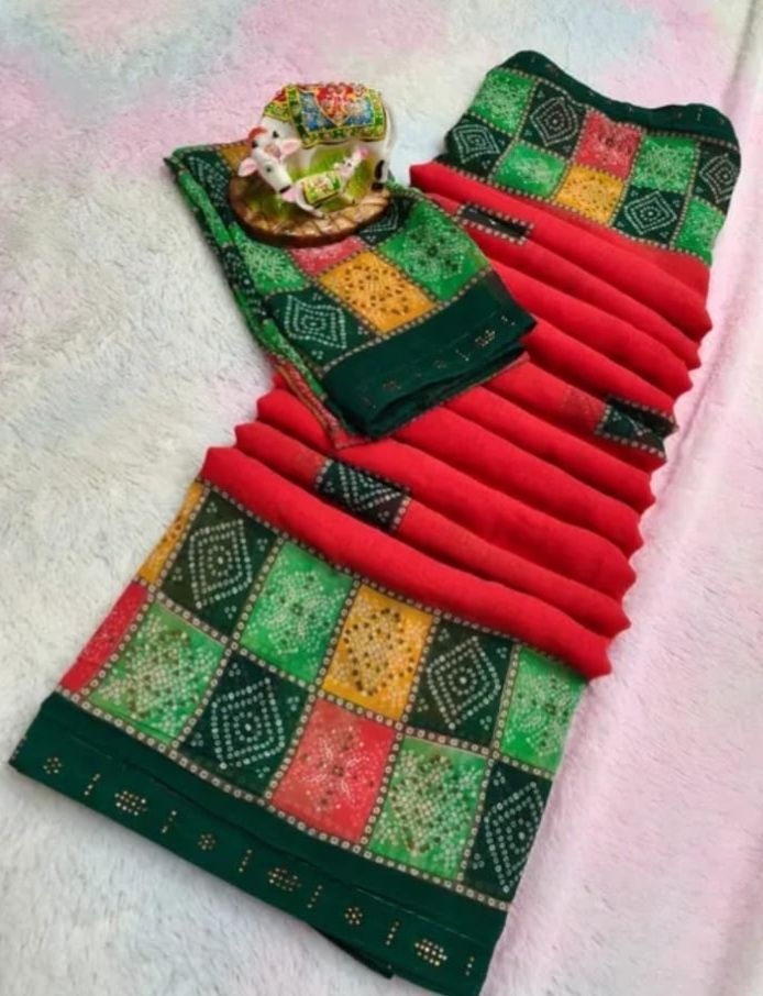 Floral Print Bandhani Georgette Saree-image-27