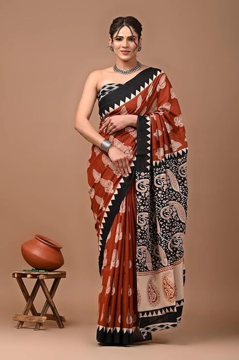 Printed, Paisley, Floral Print Kalamkari Cotton Blend Saree-image-29