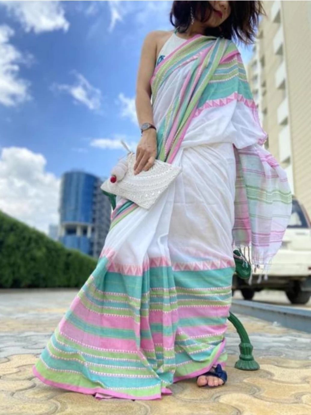 sushrita boutique Striped, Color Block, Woven, Printed Chettinadu Cotton Blend Saree-picture-17